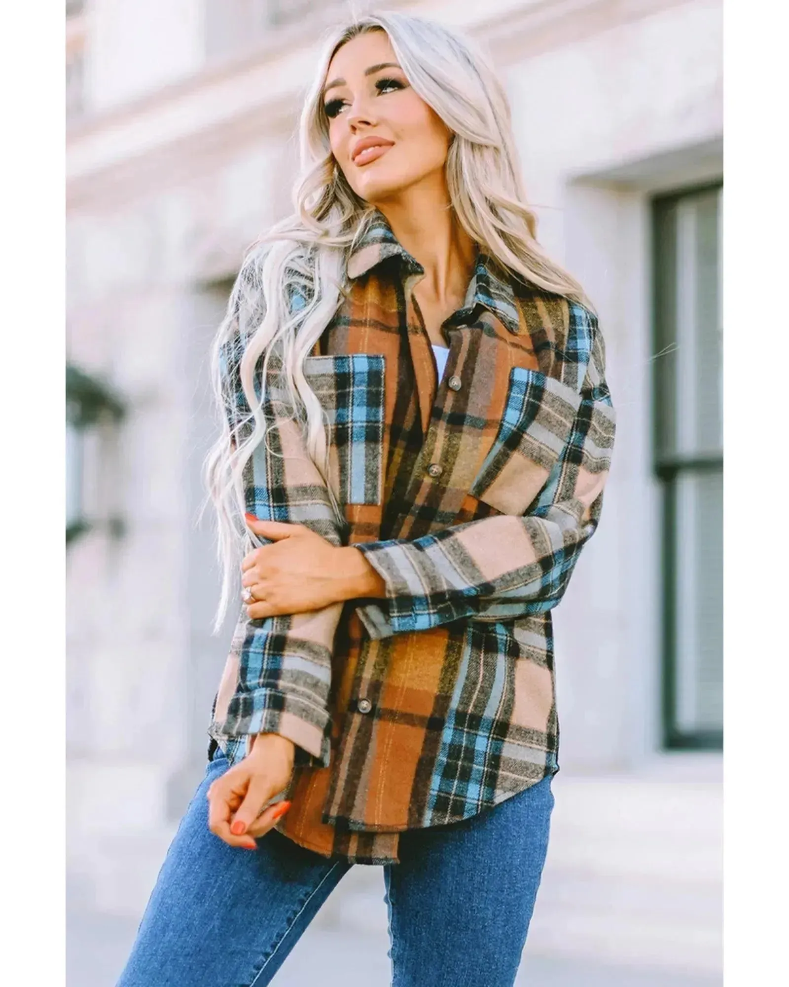 Azura Exchange Color Block Plaid Shirt with Buttoned Details - XL