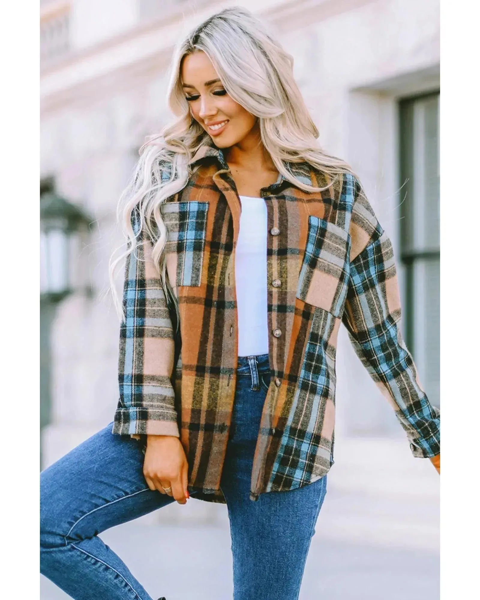 Azura Exchange Color Block Plaid Shirt with Buttoned Details - XL