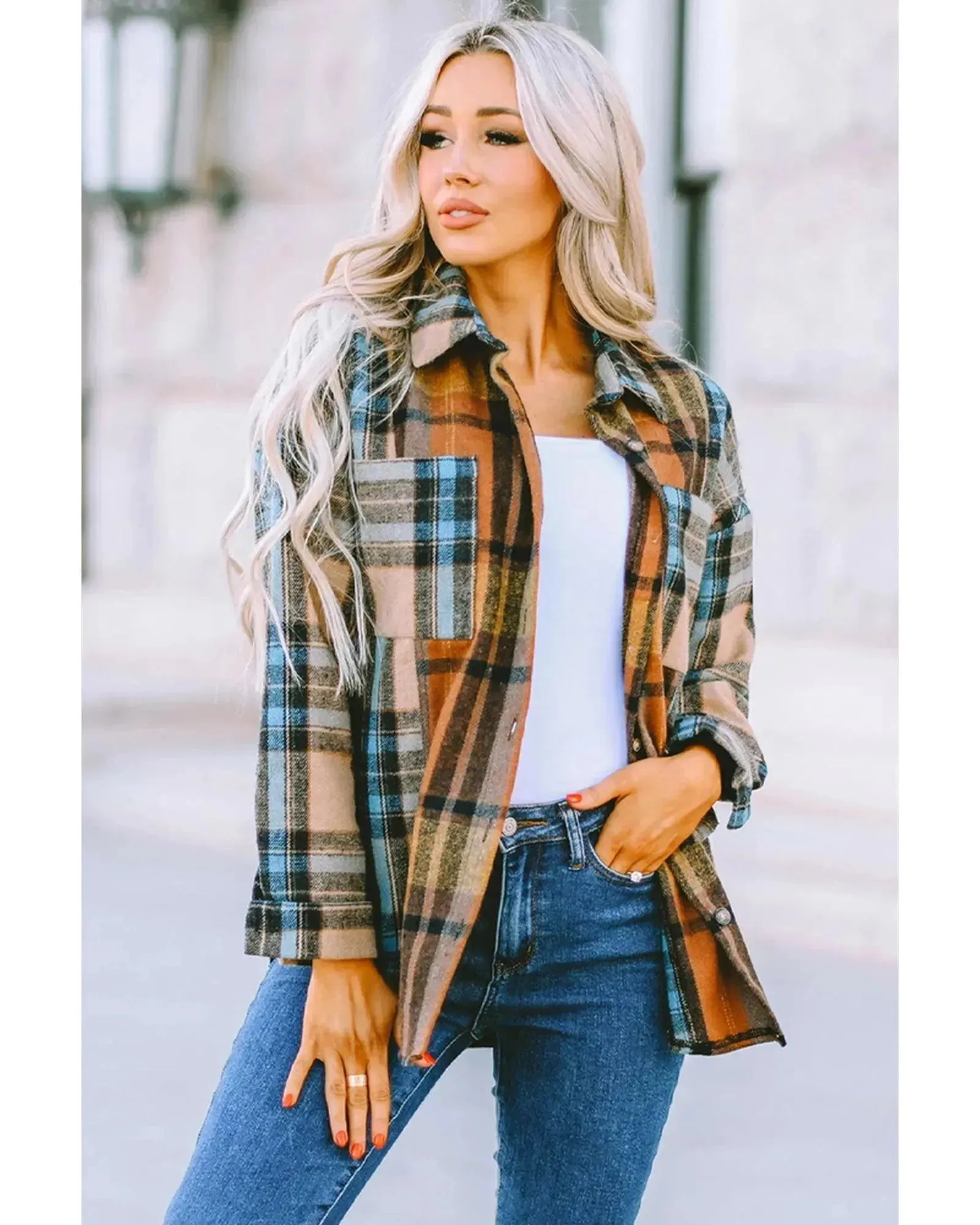 Azura Exchange Color Block Plaid Shirt with Buttoned Details - XL