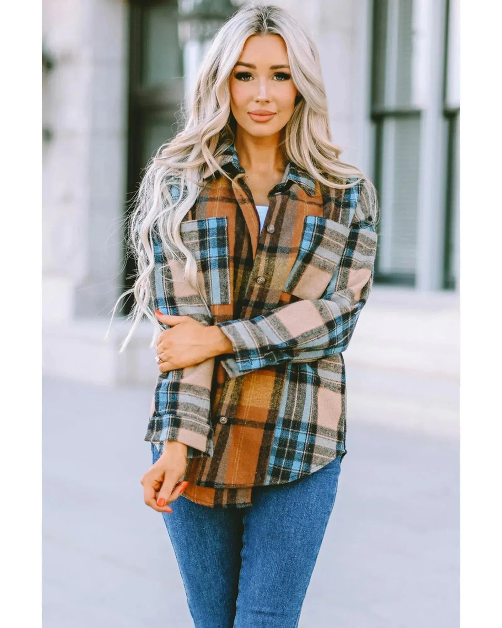 Azura Exchange Color Block Plaid Shirt with Buttoned Details - XL