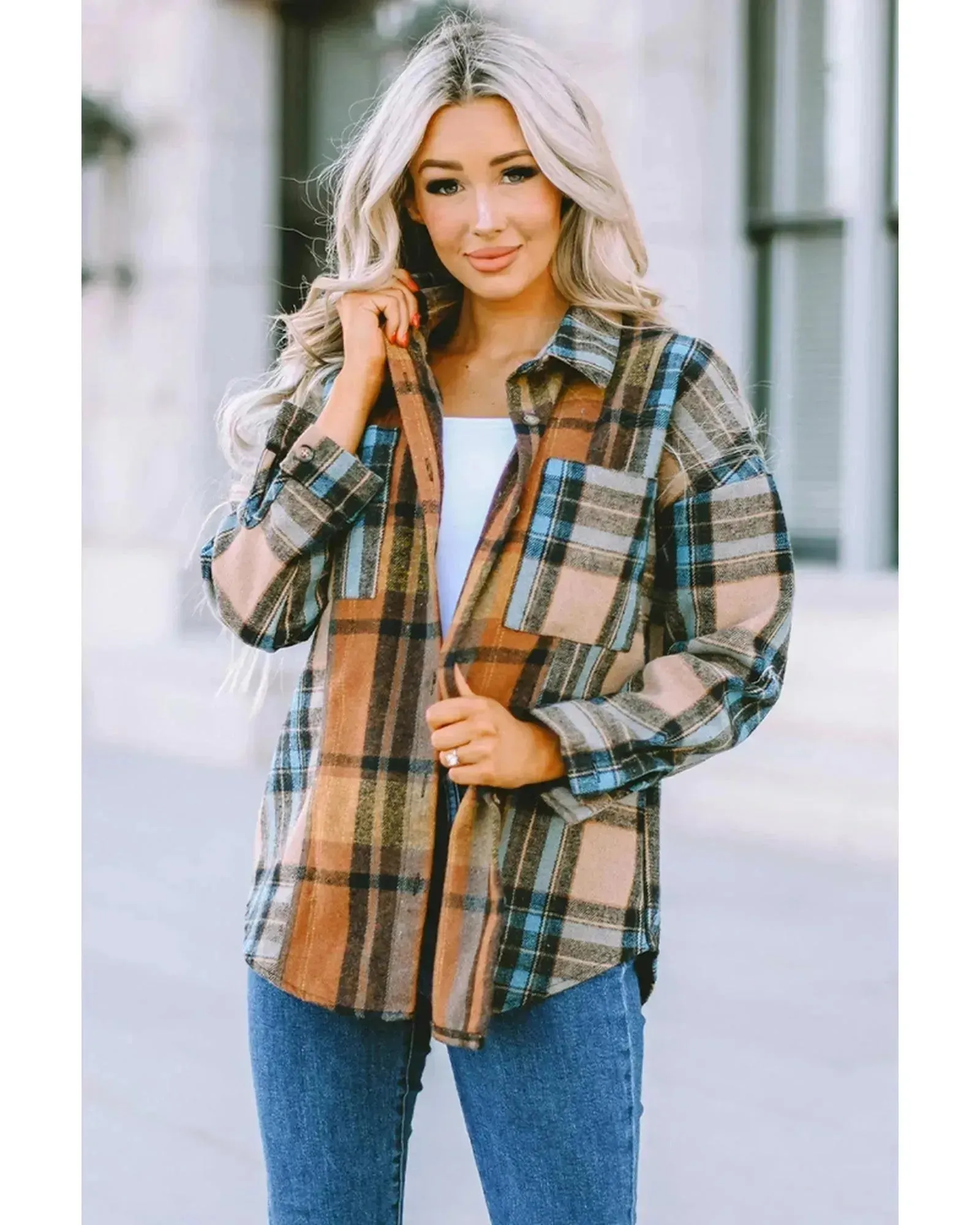 Azura Exchange Color Block Plaid Shirt with Buttoned Details - XL