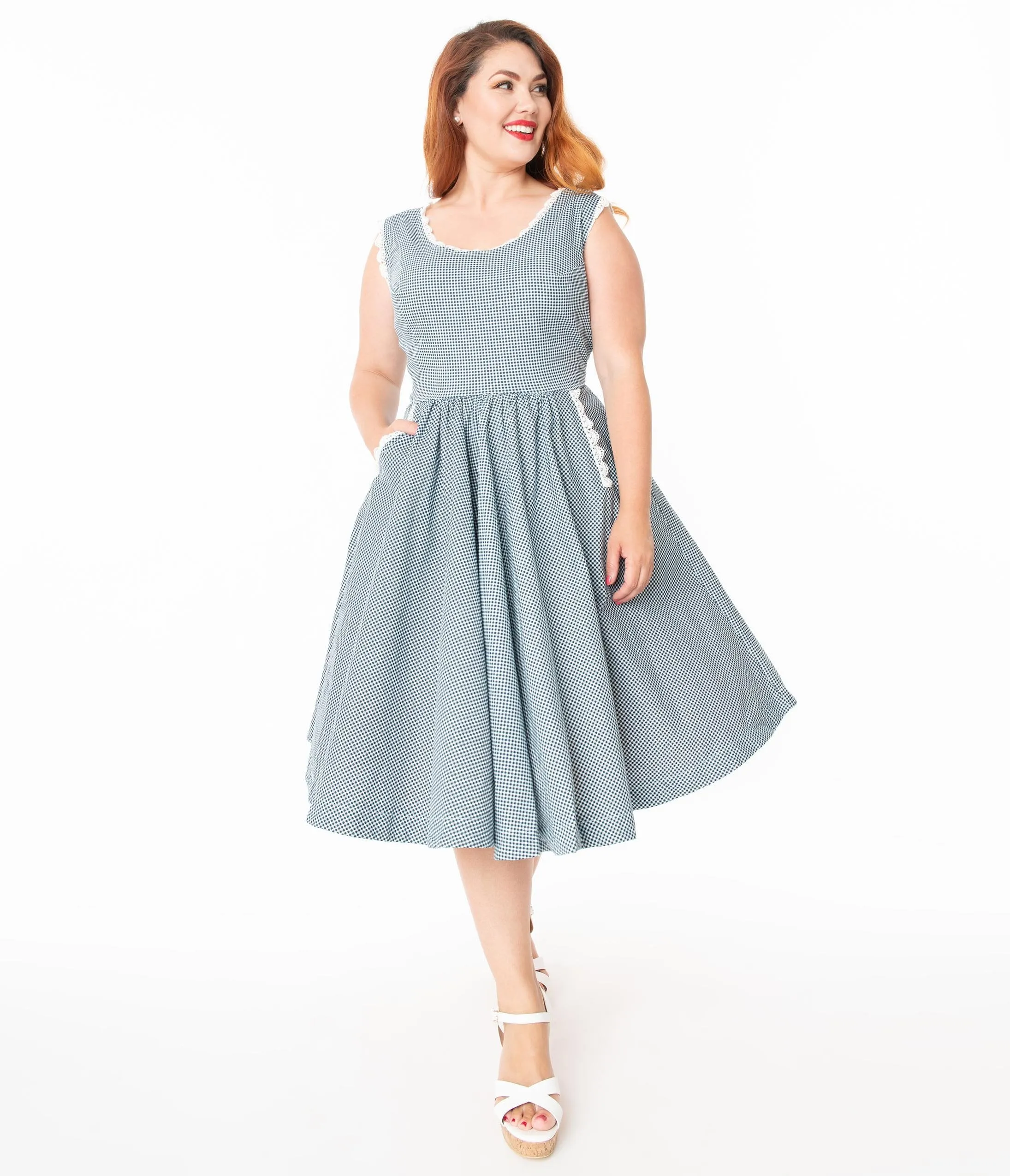 Barbie x Unique Vintage Plus Size Navy Gingham Barbie-Q Swing Dress