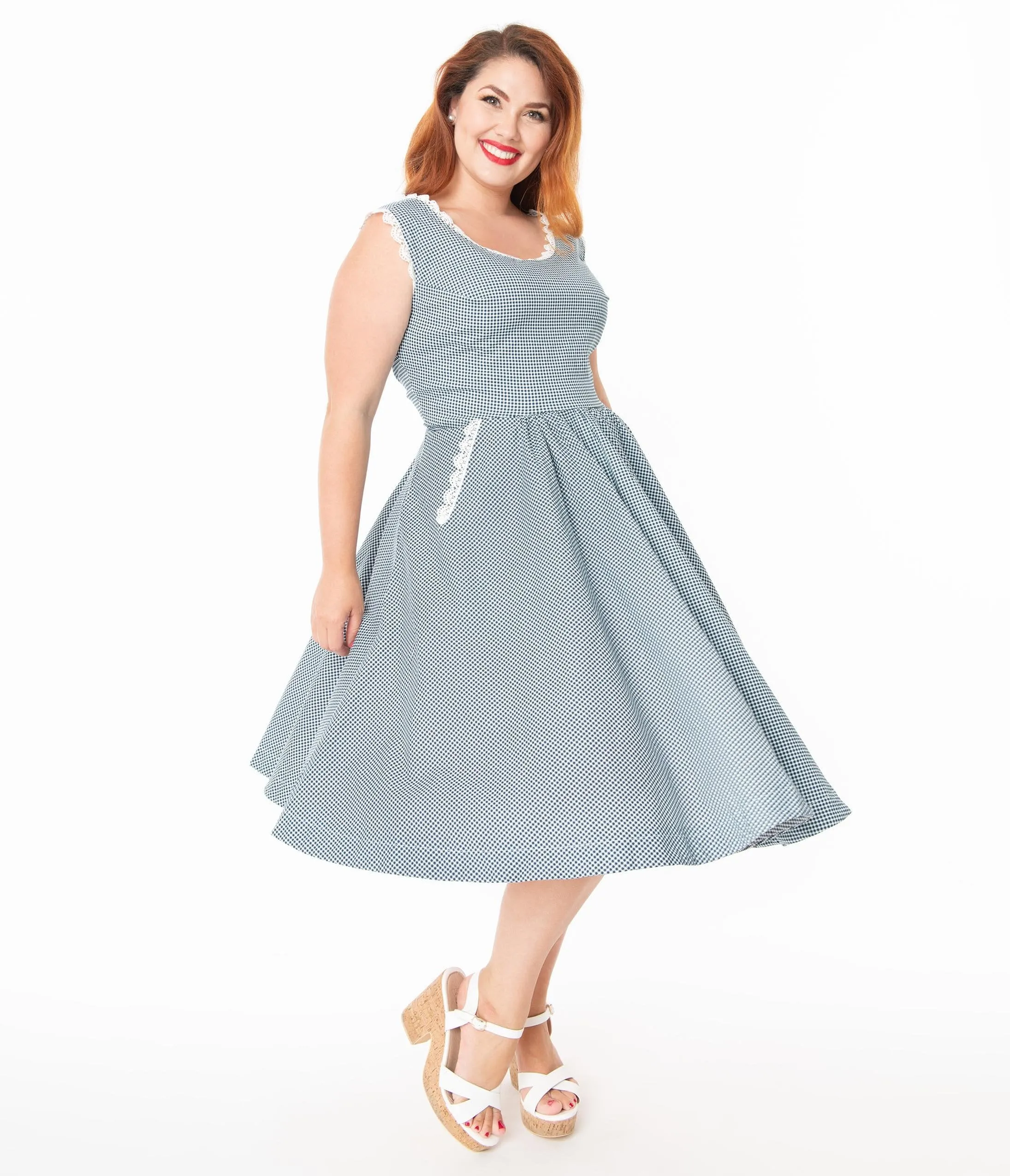 Barbie x Unique Vintage Plus Size Navy Gingham Barbie-Q Swing Dress