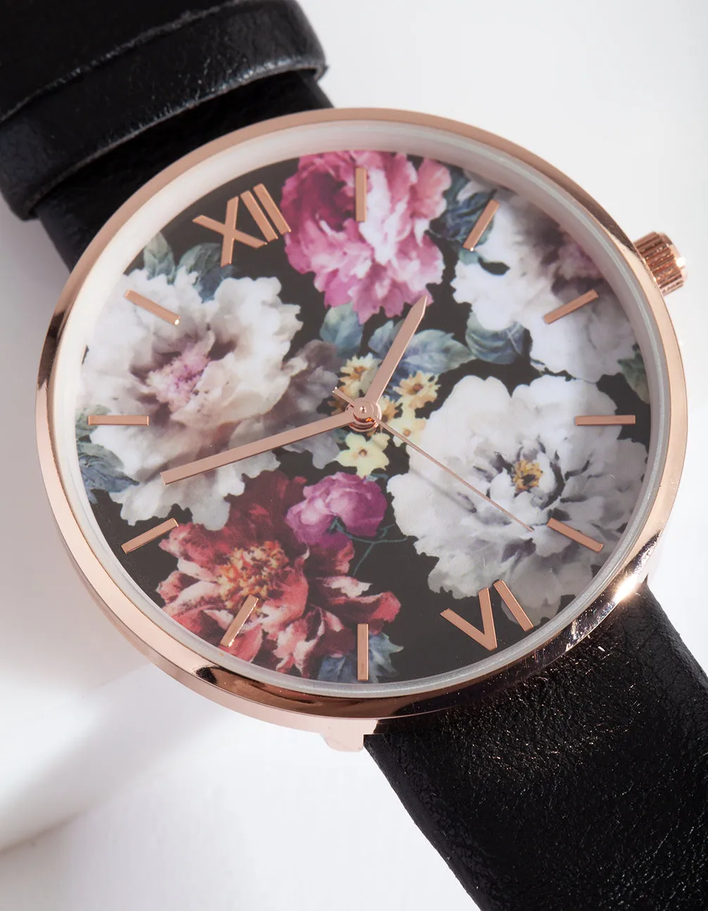 Black Floral PU-Strap Watch