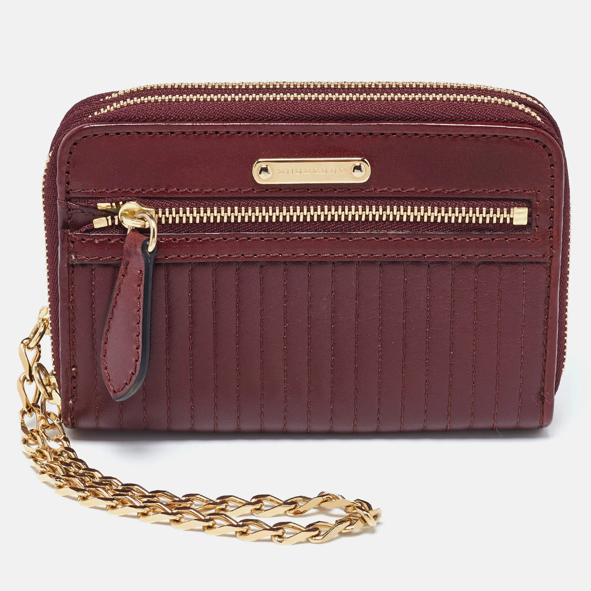 BURBERRY Burgundy Leather Double Zip Compact Wallet