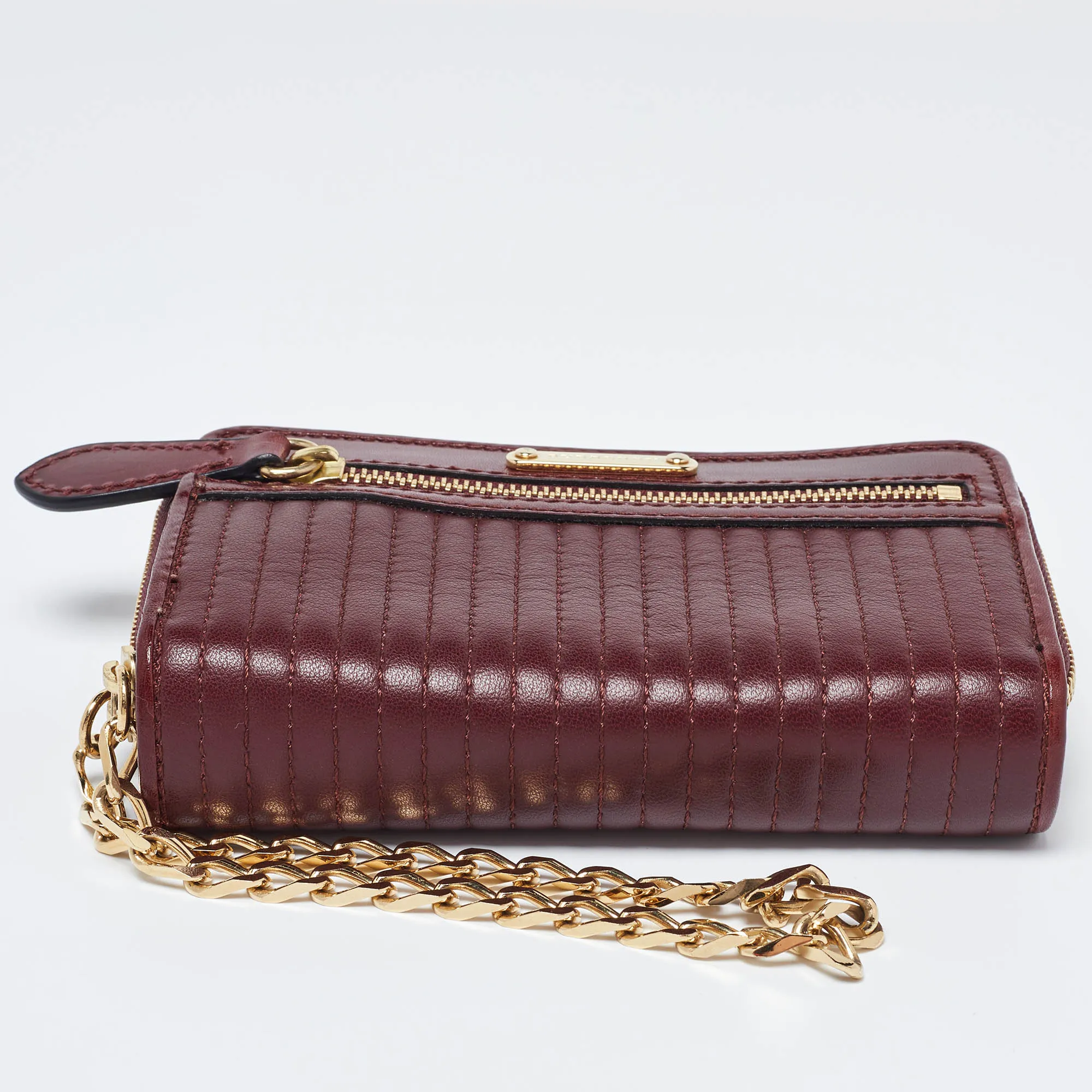 BURBERRY Burgundy Leather Double Zip Compact Wallet