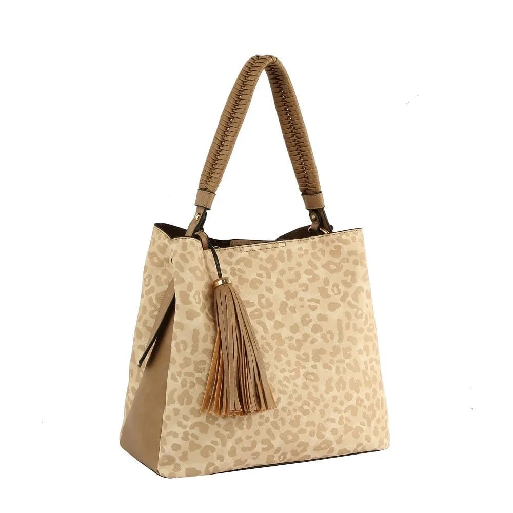 DV0728 Braided Handle Leopard Satchel W/ Tassel