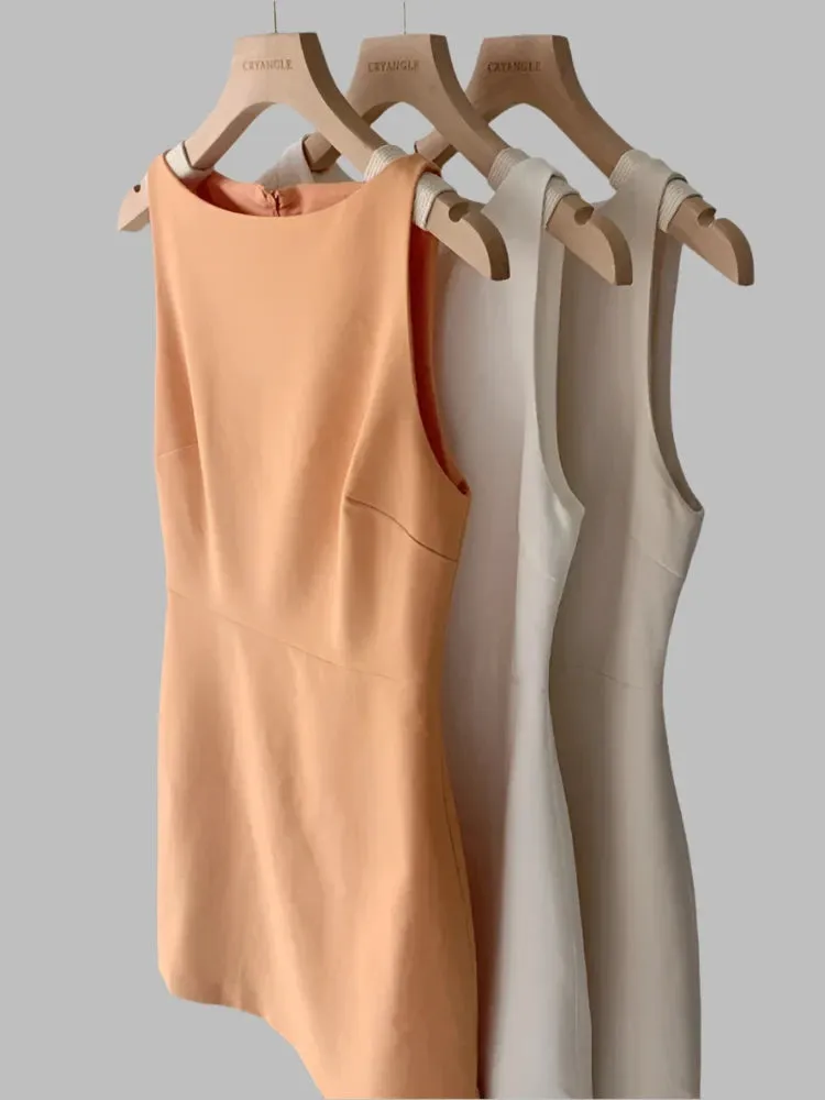 Elegant Lady Sexy O-neck Women's Dress Bottoming Sleeveless Sundress Summer Apricot Orange White Dresses Female Vestido