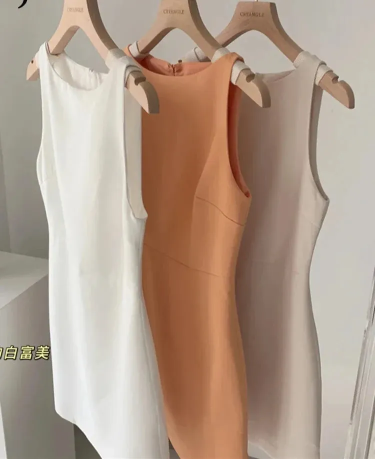 Elegant Lady Sexy O-neck Women's Dress Bottoming Sleeveless Sundress Summer Apricot Orange White Dresses Female Vestido