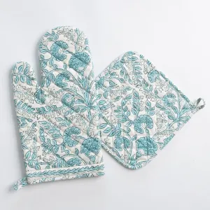 Floral Trellis Aqua Oven Mitt Set