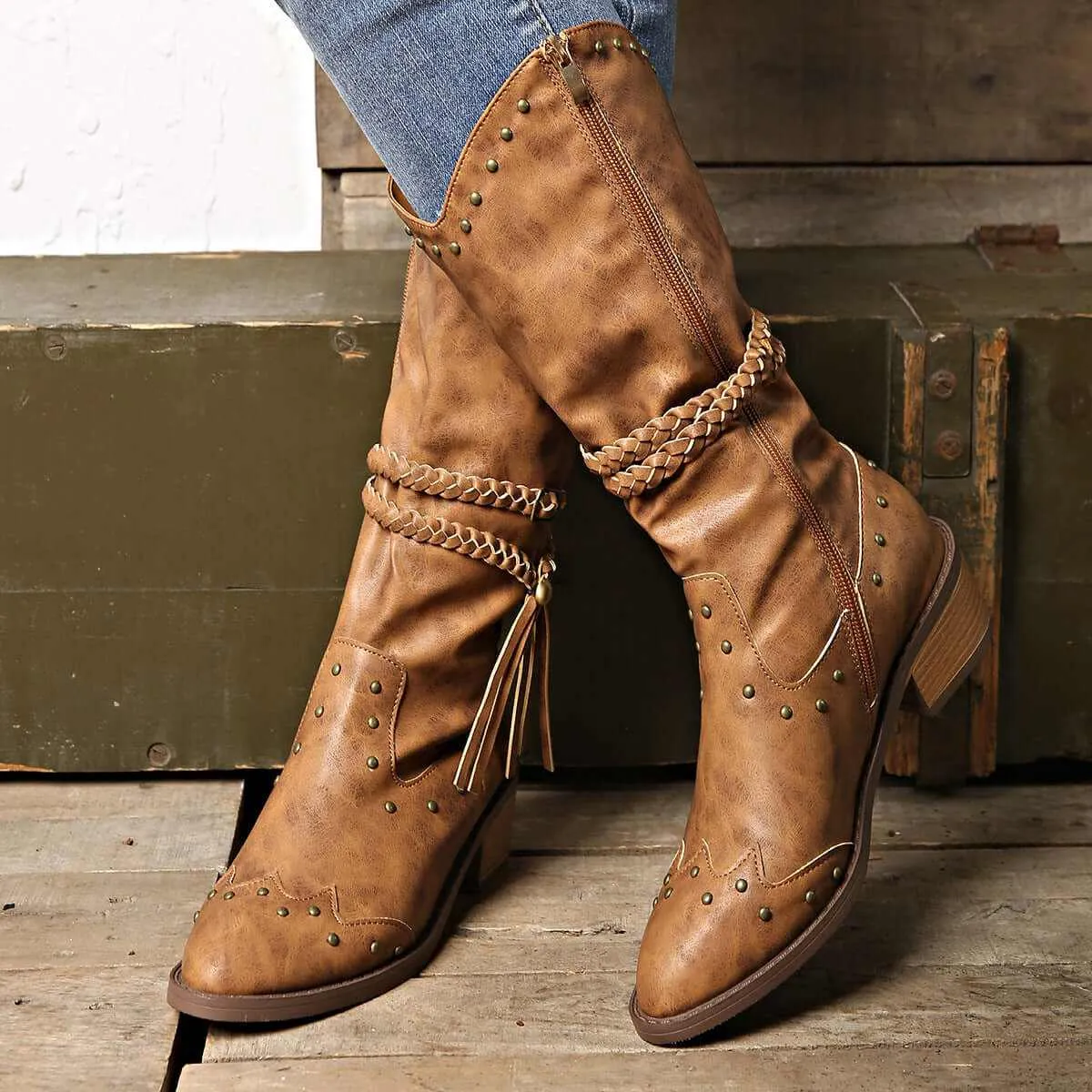 Glow Chic's Retro Tassel Boots With Braided Rope Strap