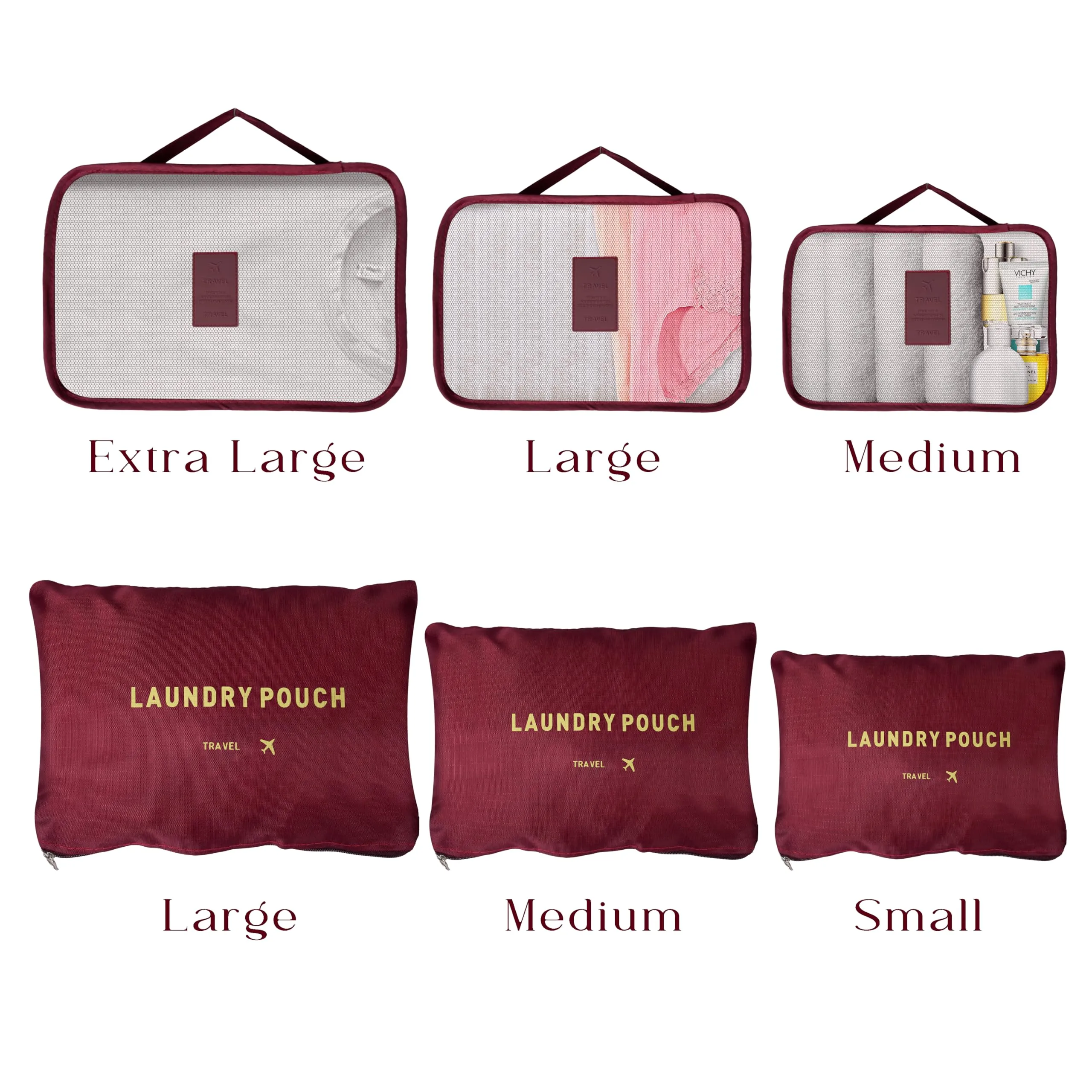 Homestic Pack of 6 Travel Luggage Bag | Toiletry Bag for Jewellery-Watches-Bracelets | Multi-Purpose Storage Bag with Handle | Travel Utility Storage Pouches | LYN16-MRO | Maroon