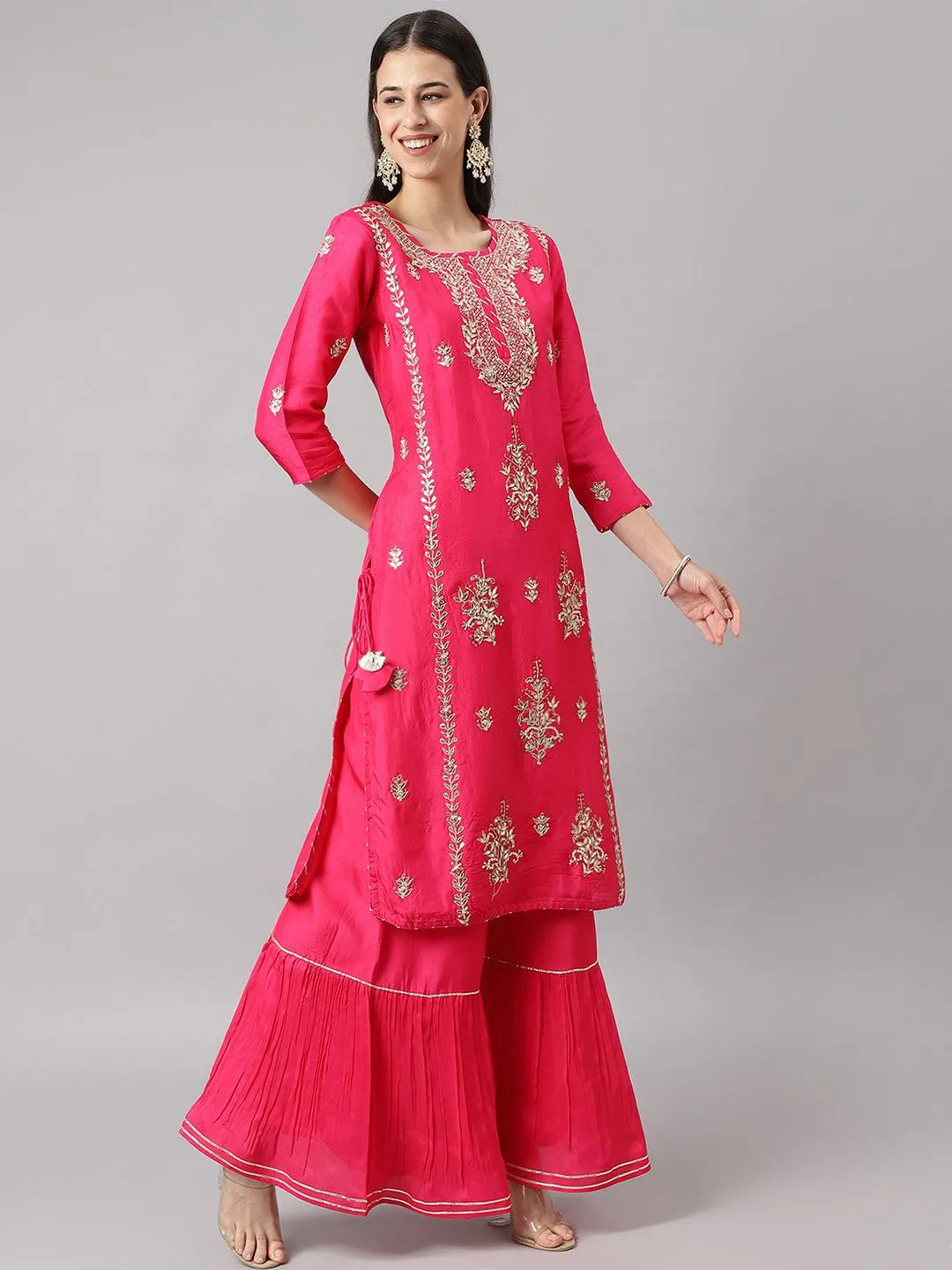 Jashvi Pink russian silk Hand embroidery Kurta Sharara with Organza dupatta