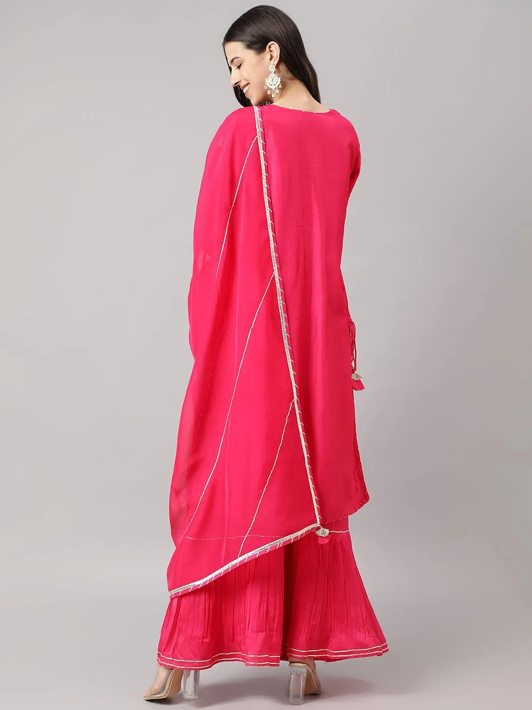 Jashvi Pink russian silk Hand embroidery Kurta Sharara with Organza dupatta