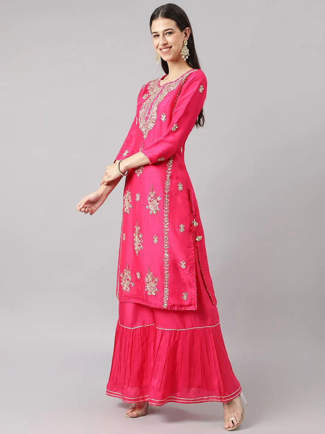 Jashvi Pink russian silk Hand embroidery Kurta Sharara with Organza dupatta