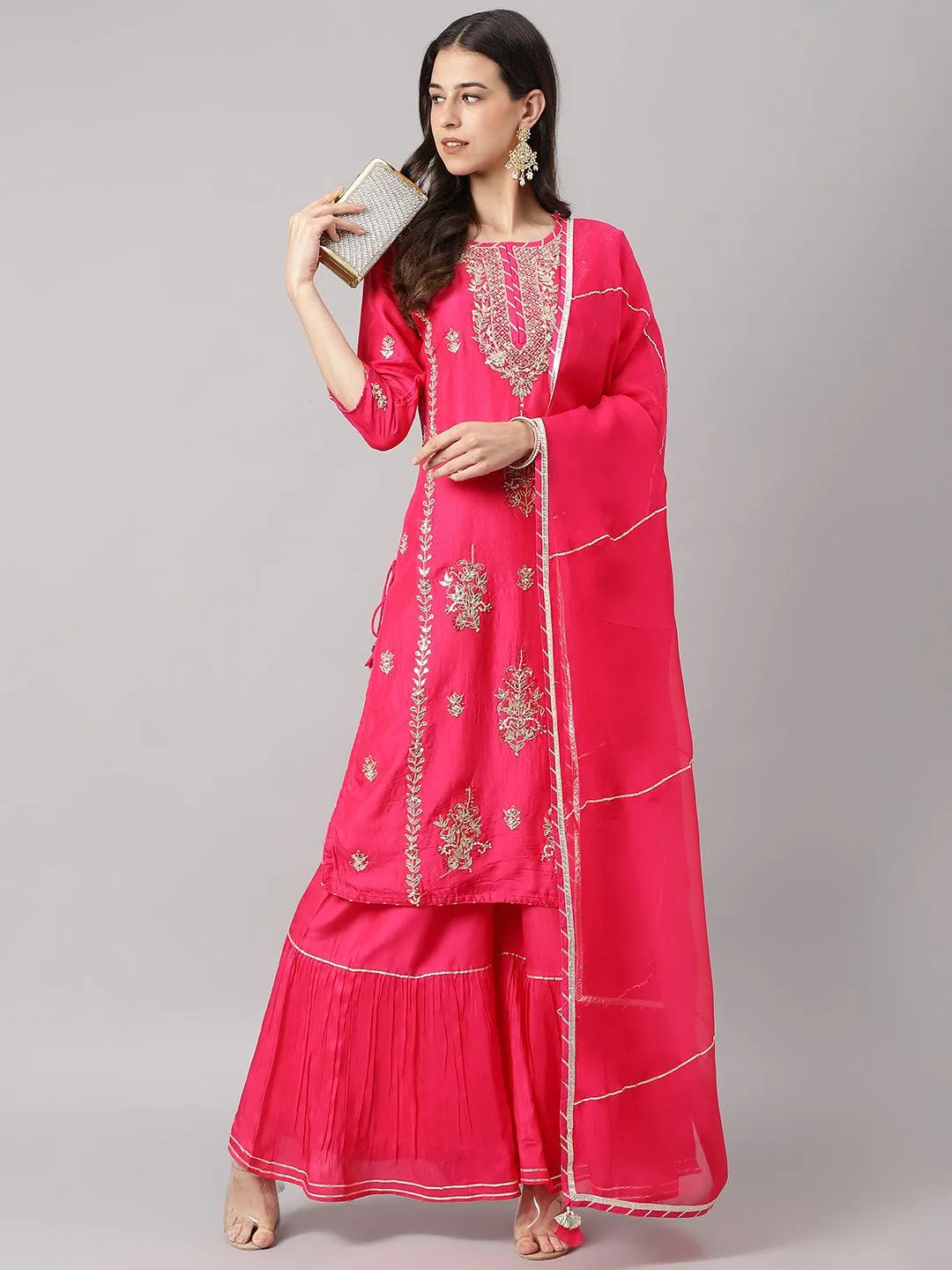 Jashvi Pink russian silk Hand embroidery Kurta Sharara with Organza dupatta