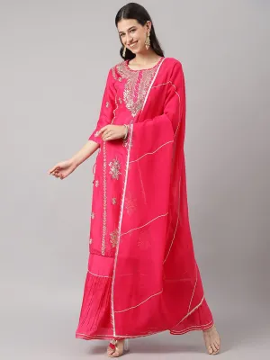 Jashvi Pink russian silk Hand embroidery Kurta Sharara with Organza dupatta