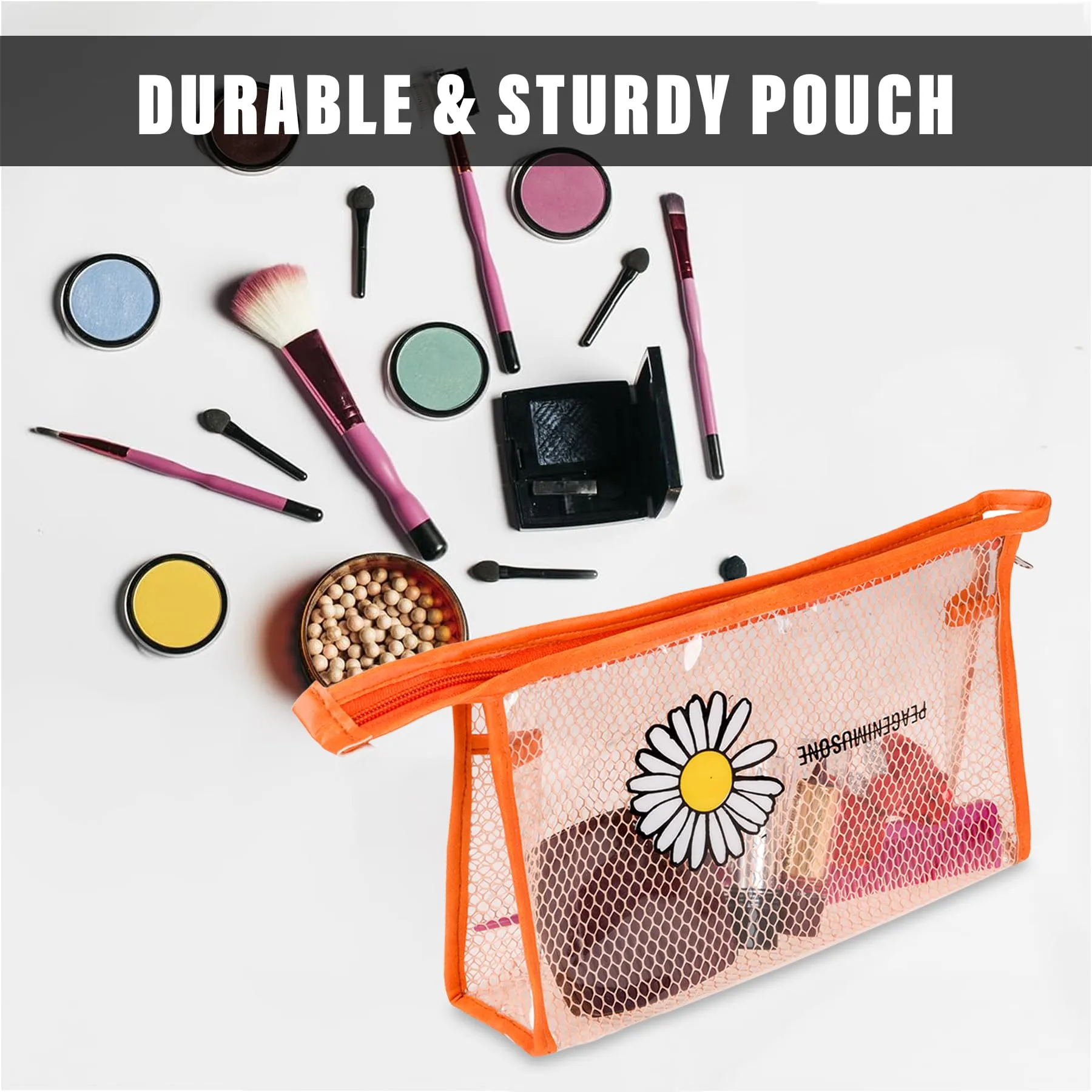 Kuber Industries Toiletry Pouch | Cosmetic Makeup Pouch | Vanity Pouch for Woman | Makeup Accessories Pouch | Transparent Net Pouch | Sunflower-Cosmetic Pouch | Orange