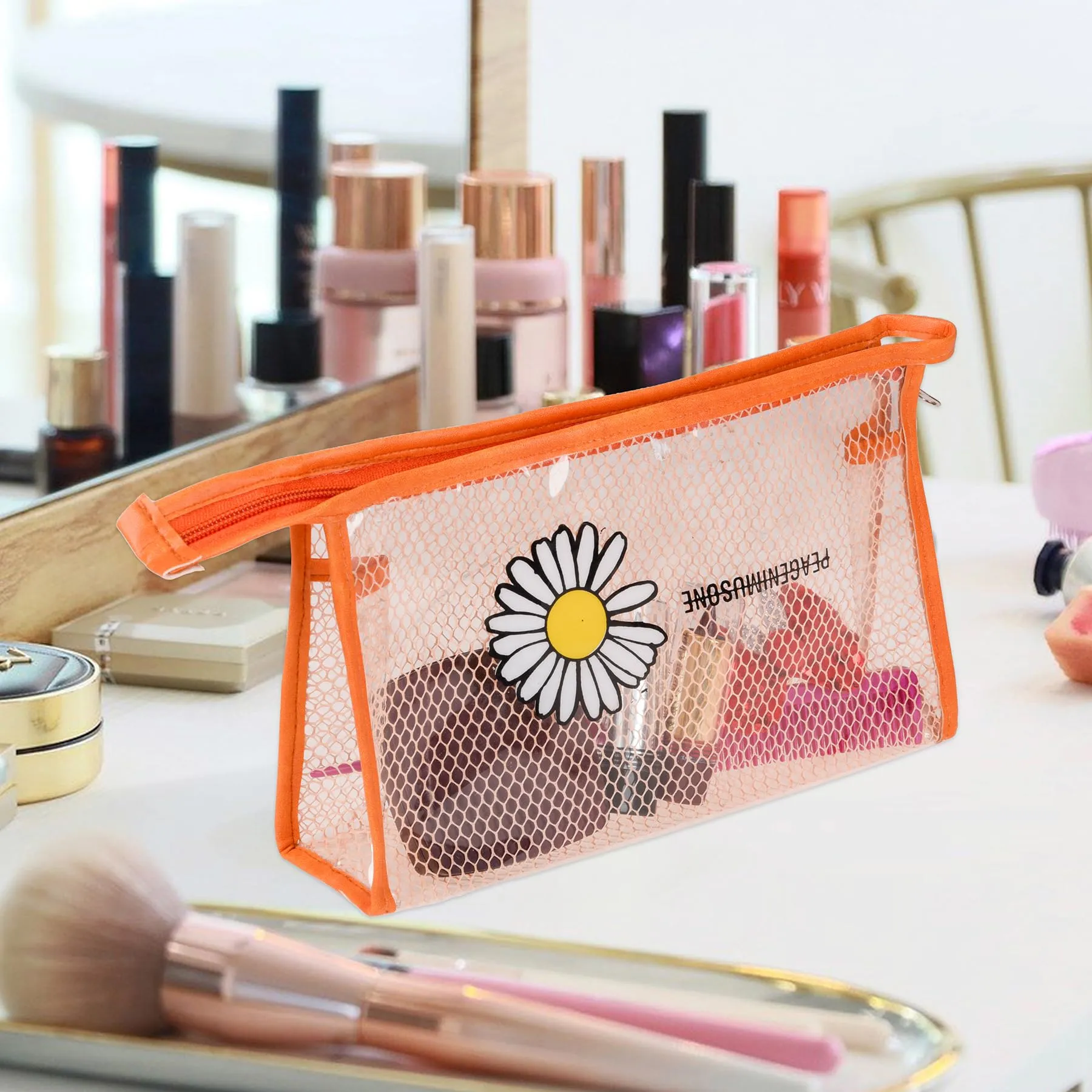 Kuber Industries Toiletry Pouch | Cosmetic Makeup Pouch | Vanity Pouch for Woman | Makeup Accessories Pouch | Transparent Net Pouch | Sunflower-Cosmetic Pouch | Orange