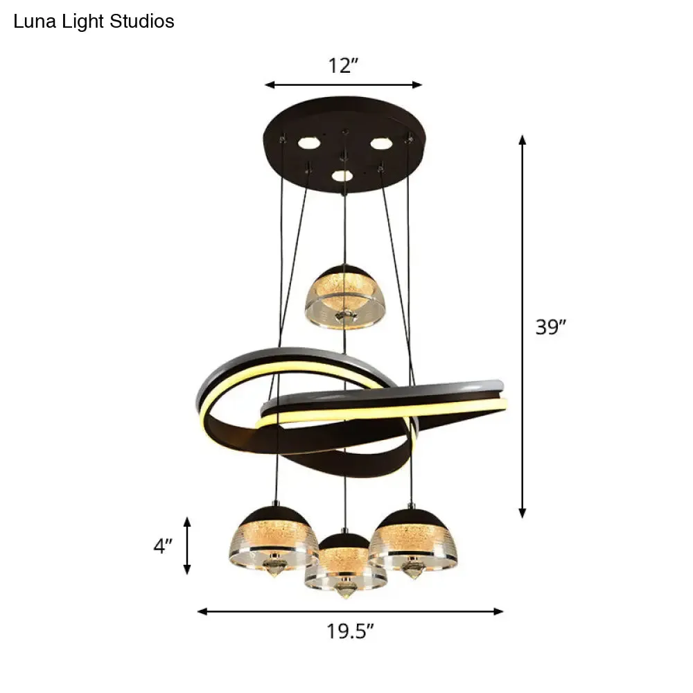 Modern Black Domed Pendant Light with 4 LED Heads and Strip Beam for Dining Room Cluster