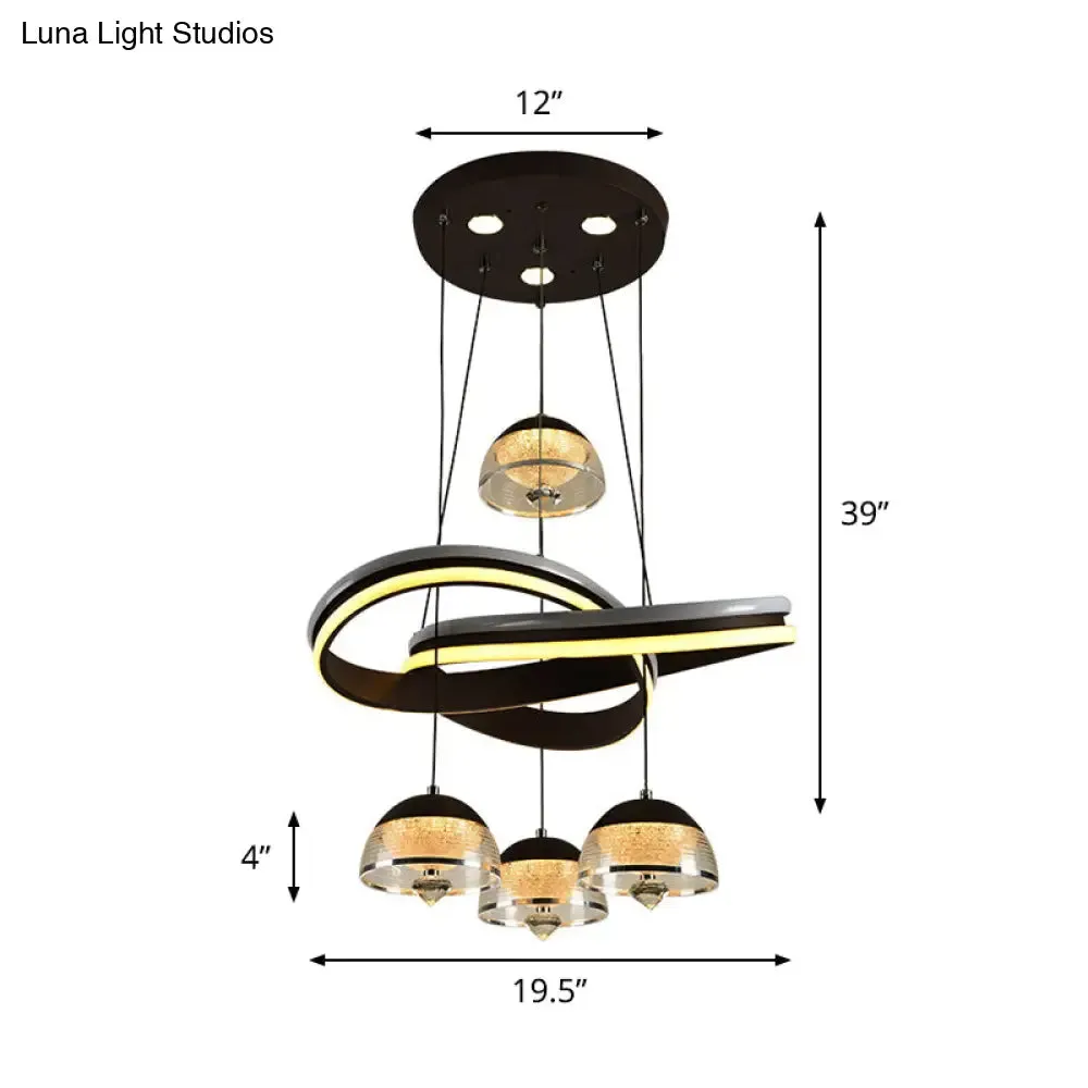 Modern Black Domed Pendant Light with 4 LED Heads and Strip Beam for Dining Room Cluster