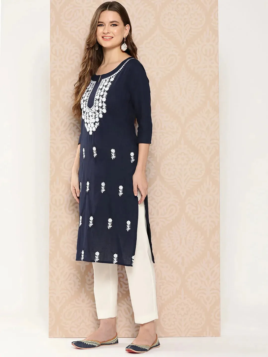 Navy Blue & White Cotton Floral Embroidered Chikankari Detailing Straight Shape Kurta