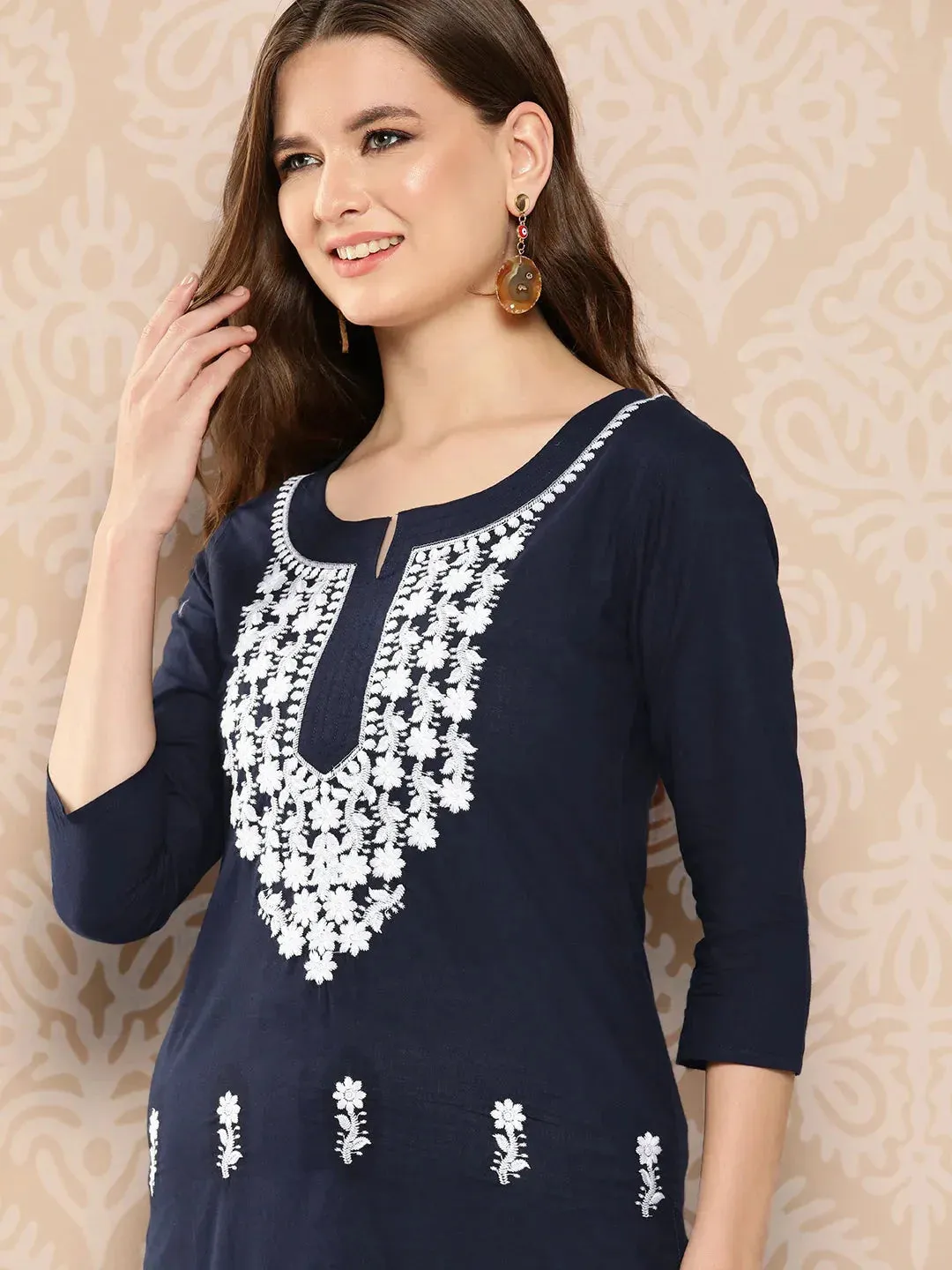 Navy Blue & White Cotton Floral Embroidered Chikankari Detailing Straight Shape Kurta