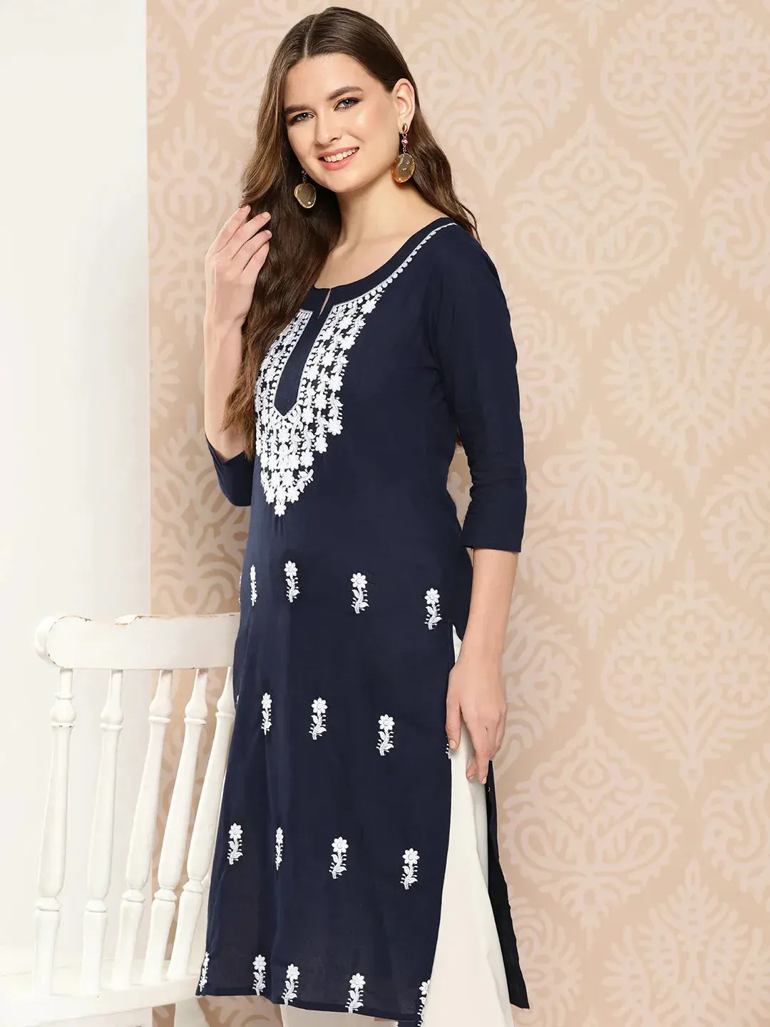 Navy Blue & White Cotton Floral Embroidered Chikankari Detailing Straight Shape Kurta