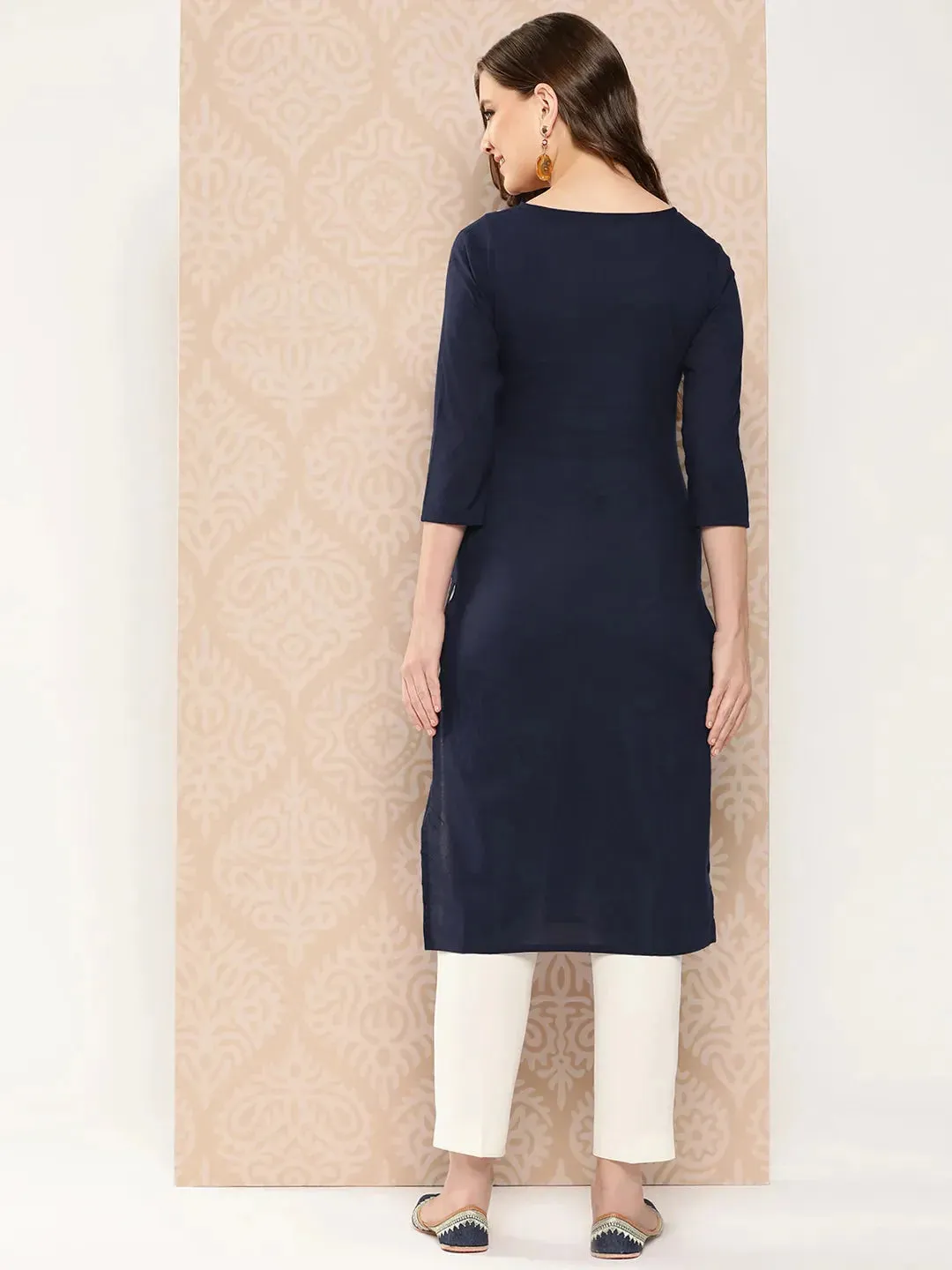 Navy Blue & White Cotton Floral Embroidered Chikankari Detailing Straight Shape Kurta