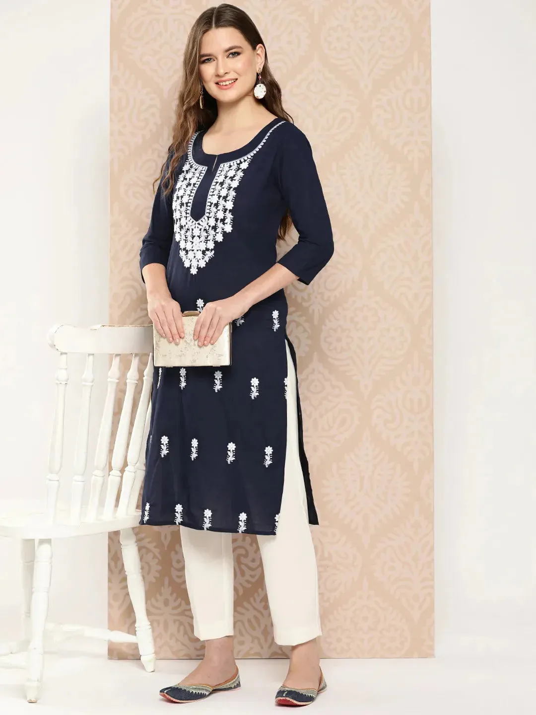 Navy Blue & White Cotton Floral Embroidered Chikankari Detailing Straight Shape Kurta