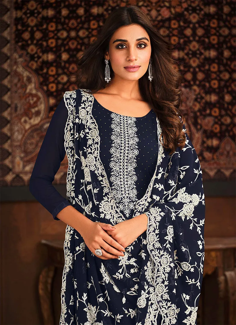 Navy Blue Chikankari Embroidery Georgette Salwar Kameez Suit