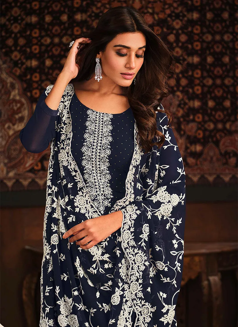 Navy Blue Chikankari Embroidery Georgette Salwar Kameez Suit