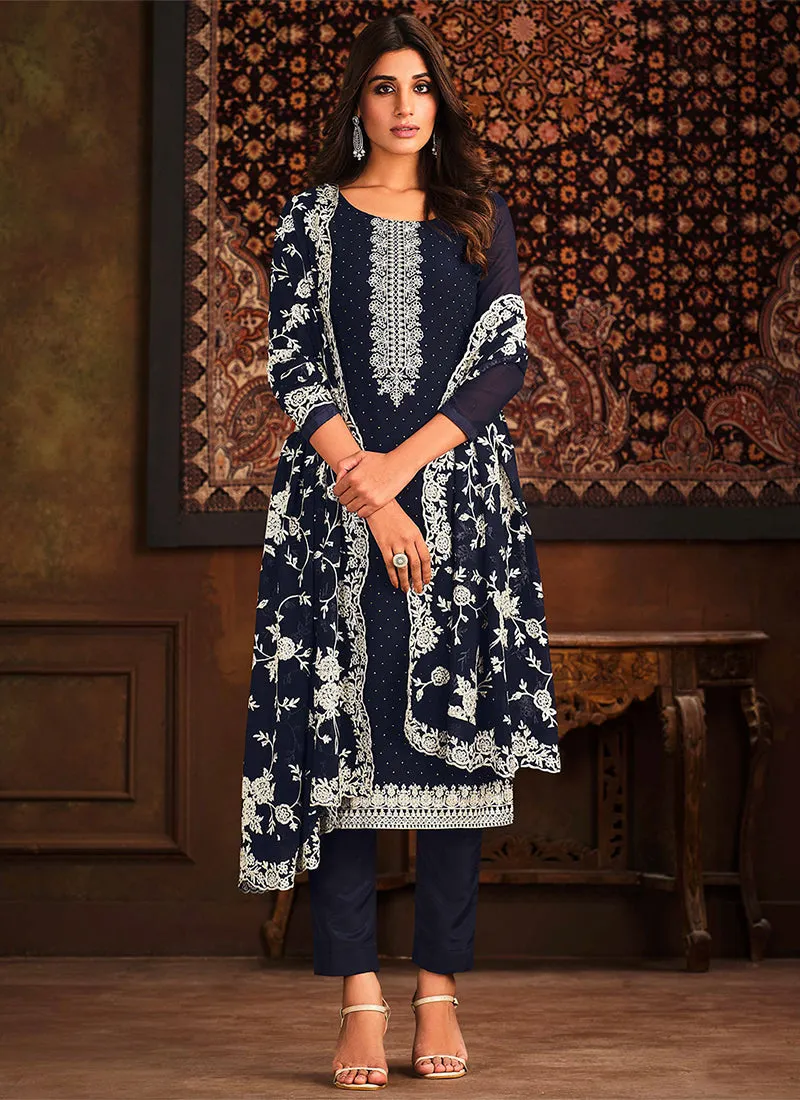 Navy Blue Chikankari Embroidery Georgette Salwar Kameez Suit