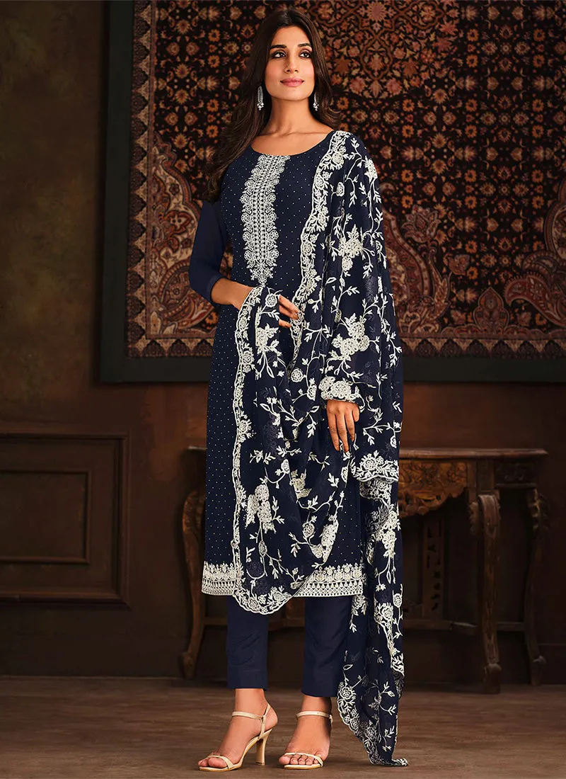 Navy Blue Chikankari Embroidery Georgette Salwar Kameez Suit