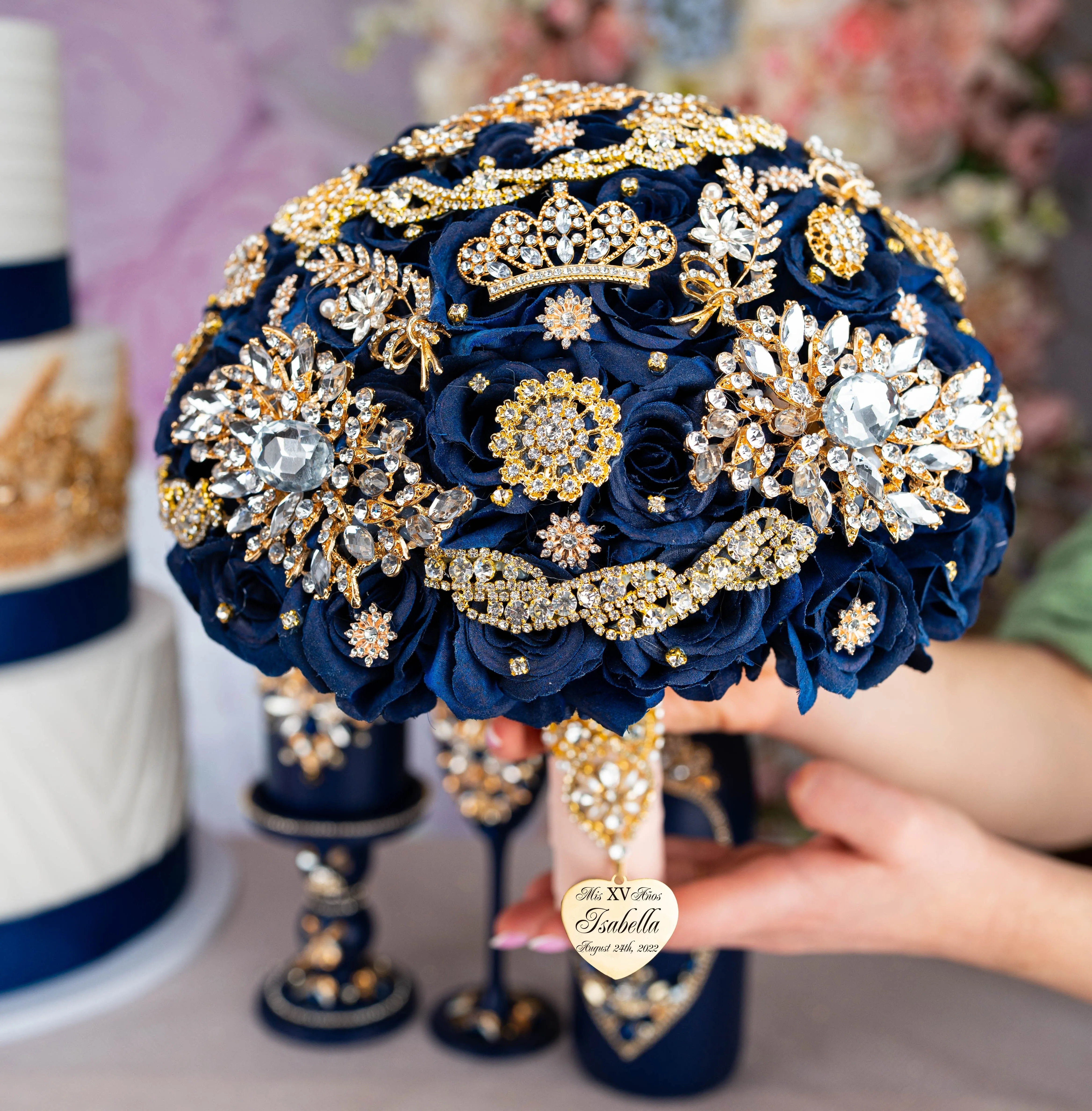 Navy Blue with Gold quinceanera pillows set