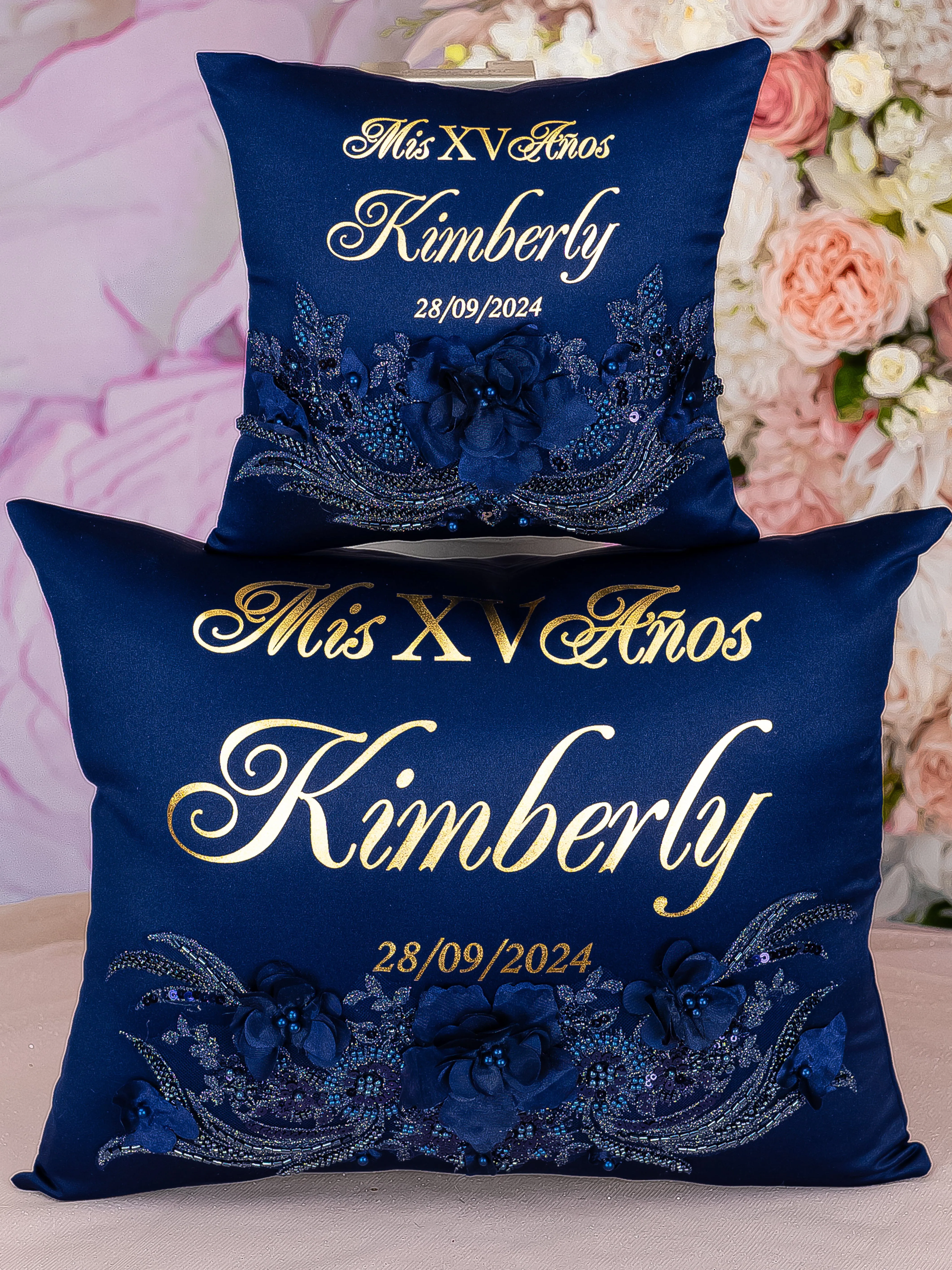 Navy Blue with Gold quinceanera pillows set