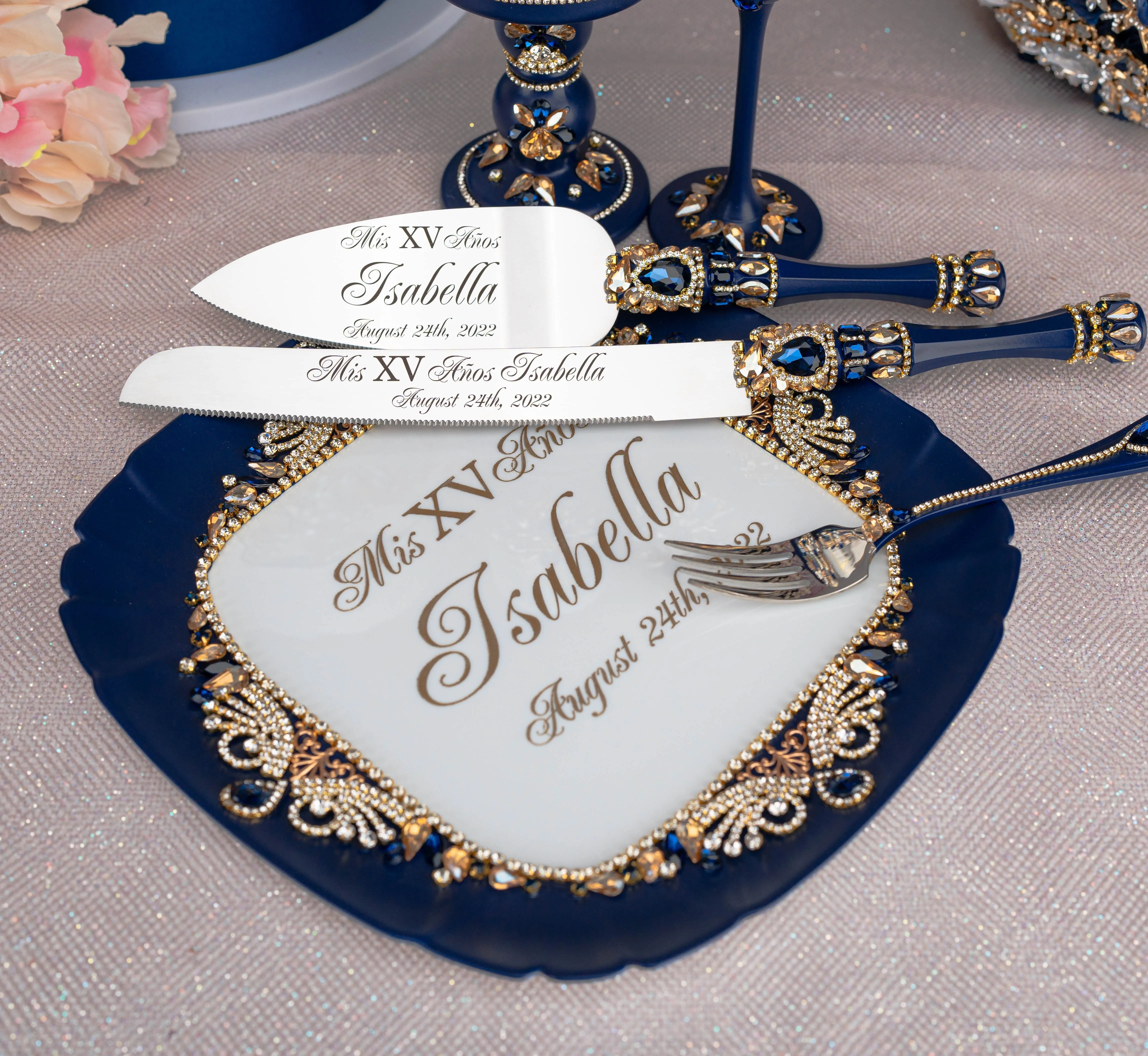 Navy Blue with Gold quinceanera pillows set