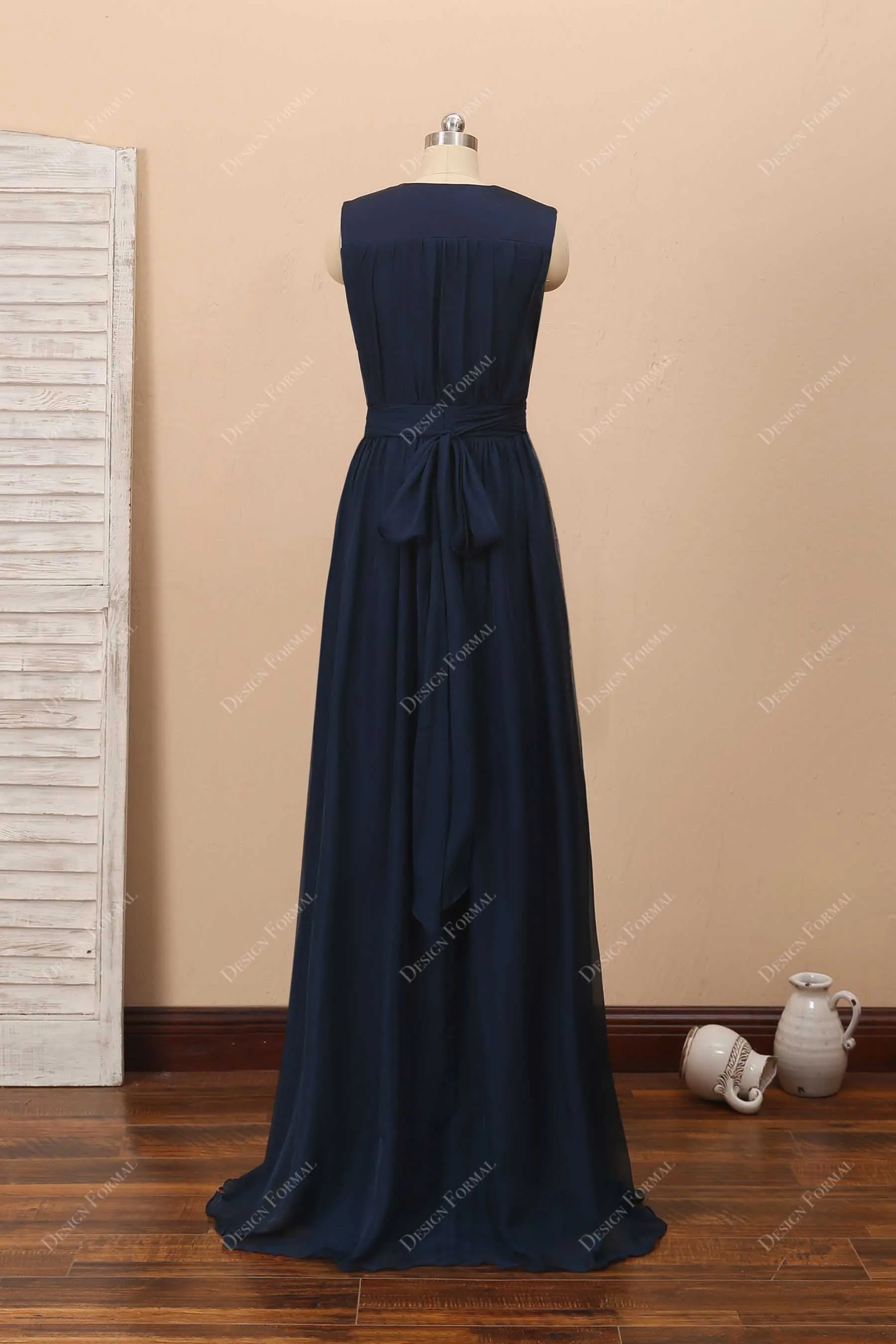 Navy Chiffon V-neck  Elegant Long A-line Slit Formal Dress