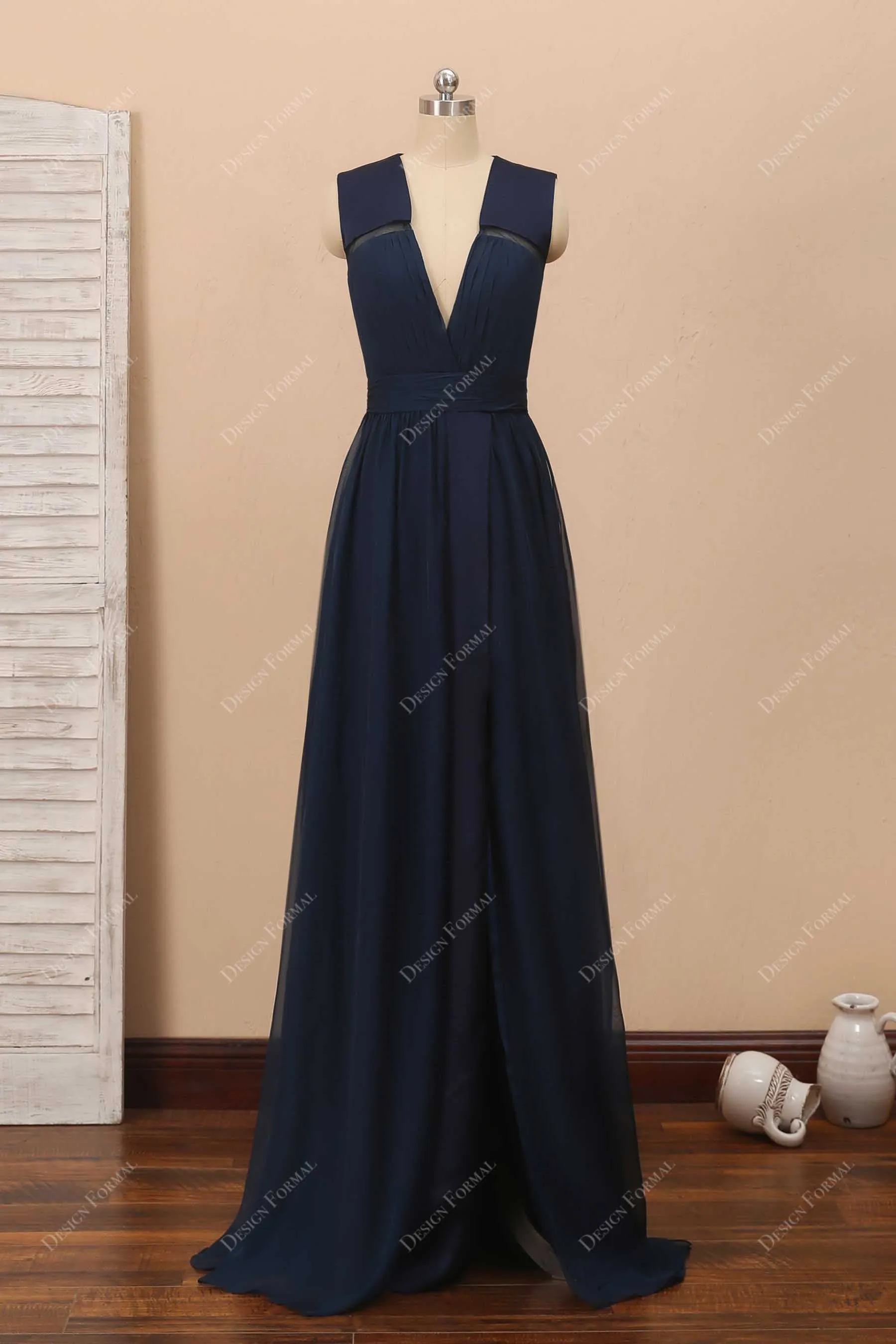 Navy Chiffon V-neck  Elegant Long A-line Slit Formal Dress