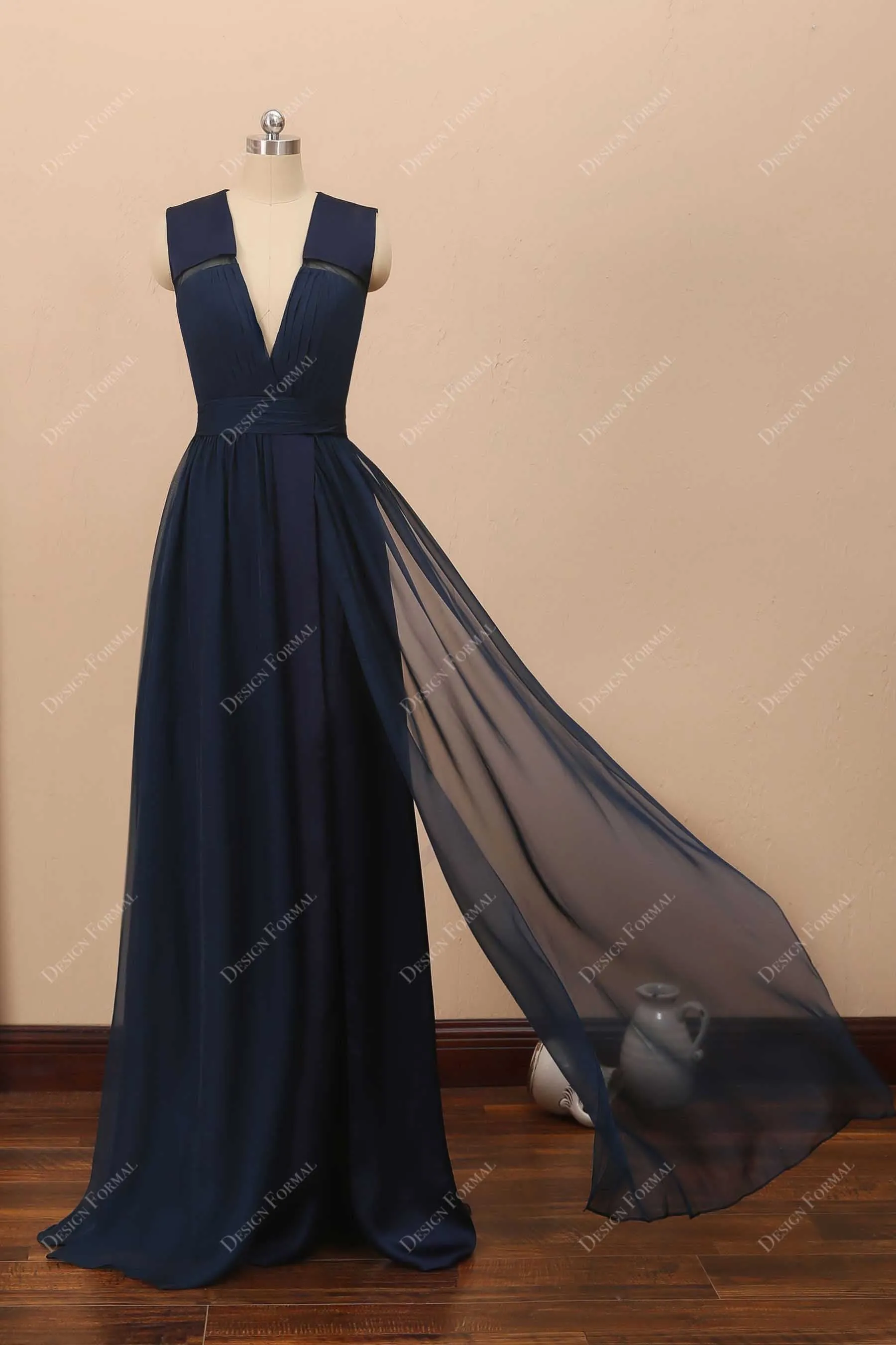 Navy Chiffon V-neck  Elegant Long A-line Slit Formal Dress