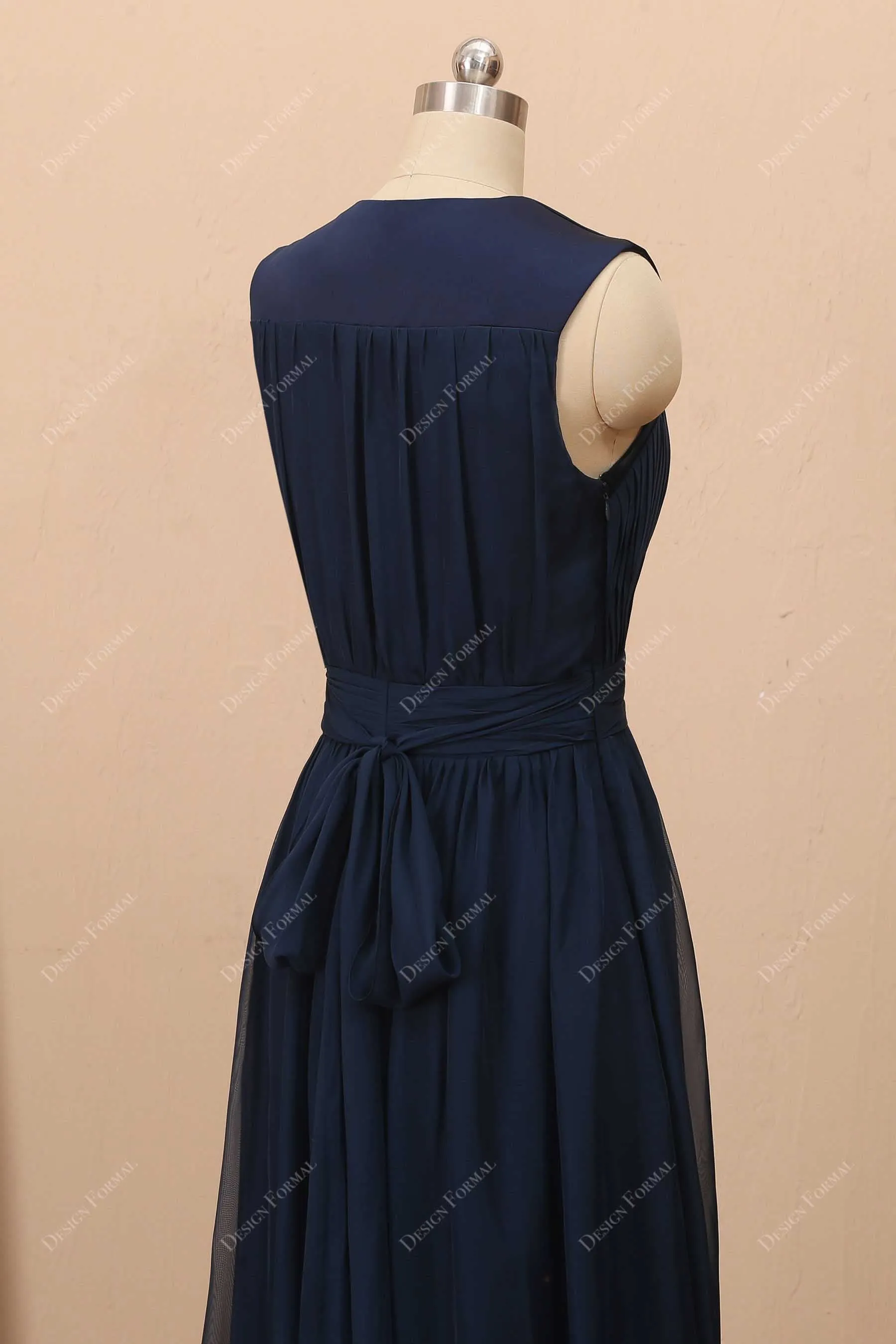 Navy Chiffon V-neck  Elegant Long A-line Slit Formal Dress