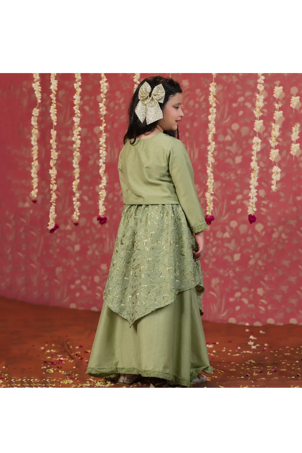 Olive Green Full Sleeves Embroidered Top And Skirt Set