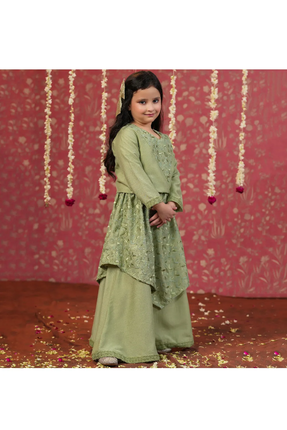 Olive Green Full Sleeves Embroidered Top And Skirt Set