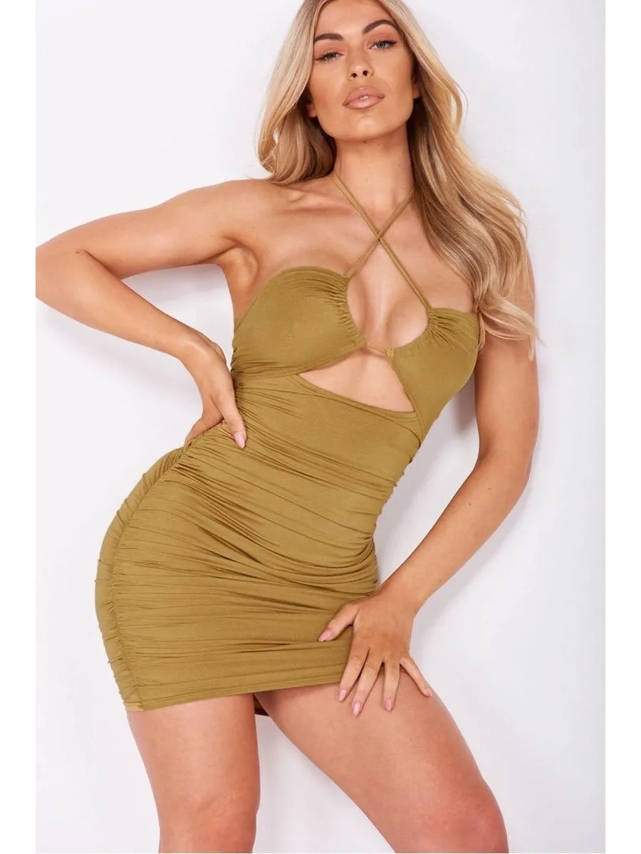 Olive Slinky Cross Strap Ruched Mini Dress