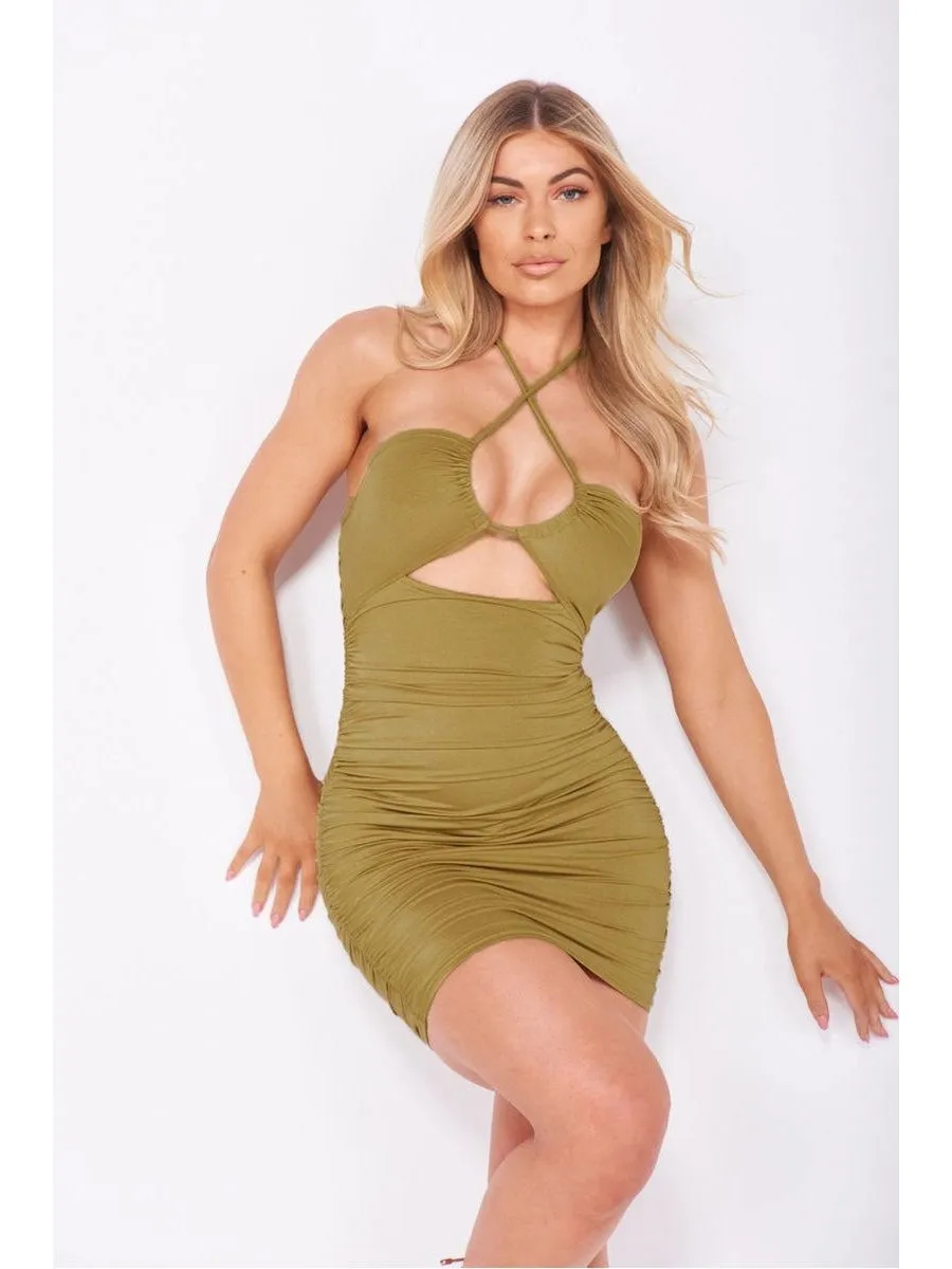 Olive Slinky Cross Strap Ruched Mini Dress