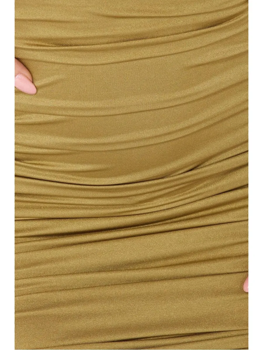 Olive Slinky Cross Strap Ruched Mini Dress