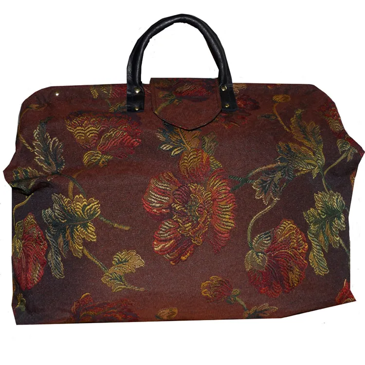 RED & GOLD FLORAL ON BURGUNDY WOVEN TAPESTRY CARPET BAG