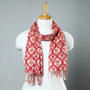 Red - Sanganeri Block Printed Cotton Stole with Tassels 234