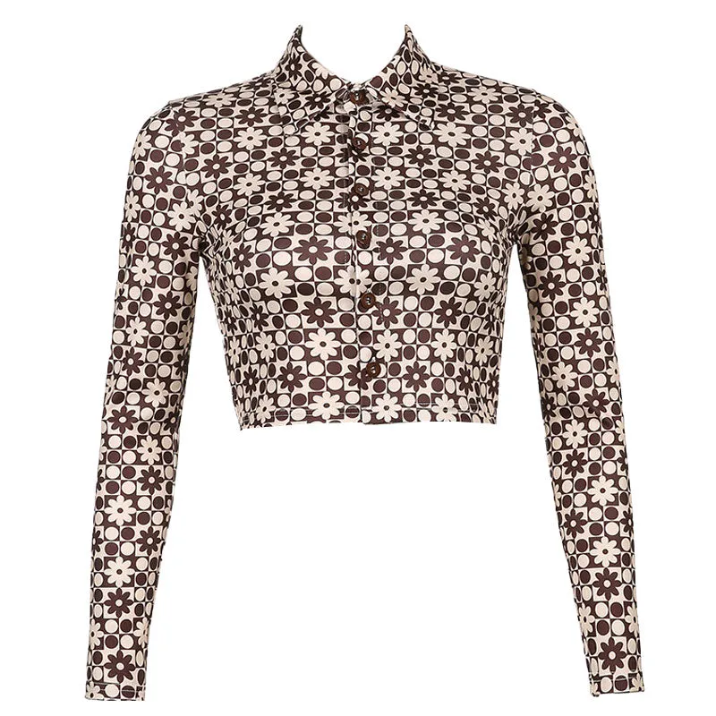 Retro Floral Printed Long Sleeve Button Down Crop Shirt - Coffee