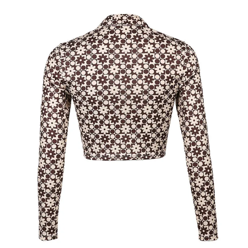 Retro Floral Printed Long Sleeve Button Down Crop Shirt - Coffee